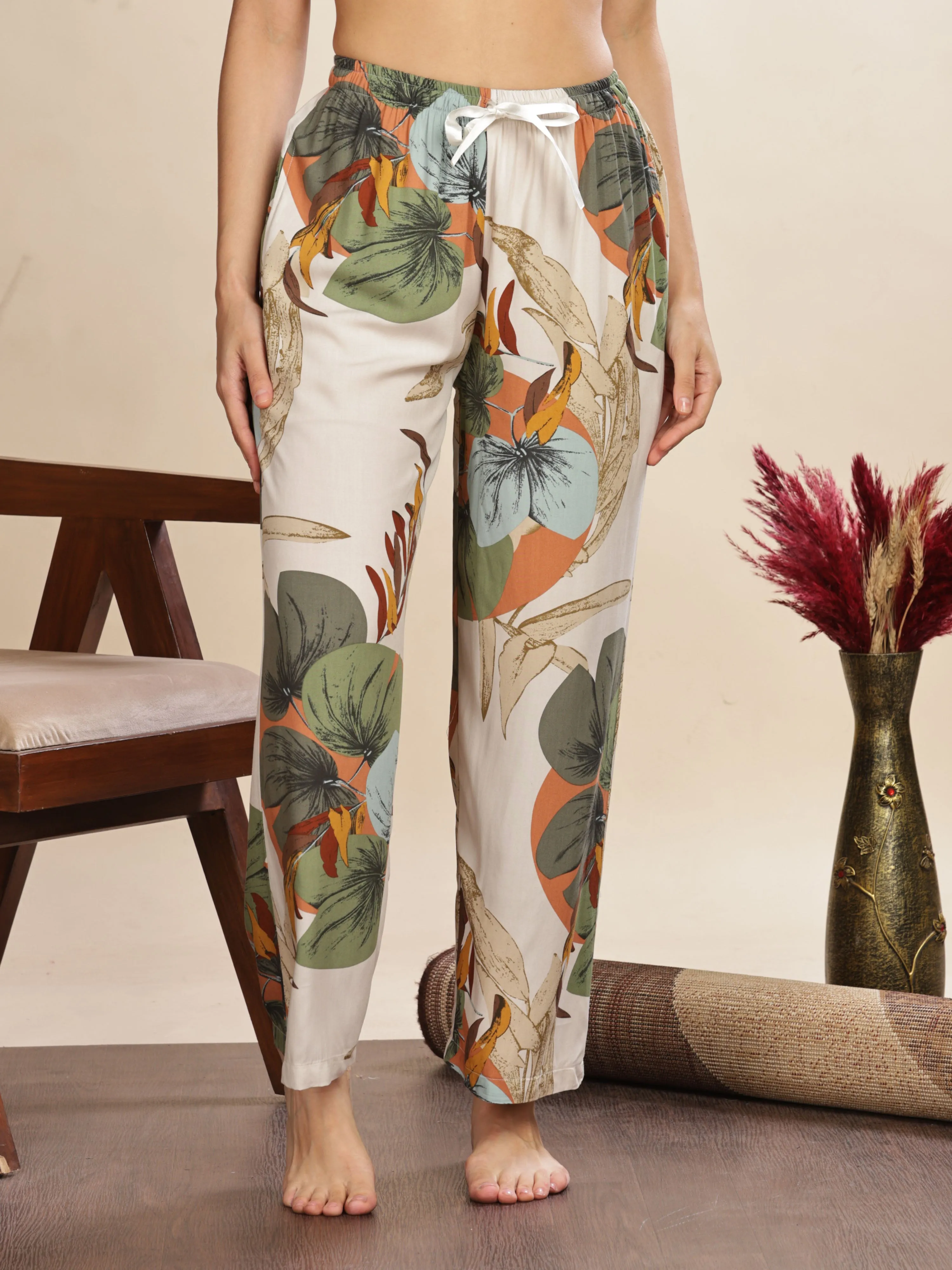 Forest White Printed Palazzo Pants for Women with Comfortable Fit