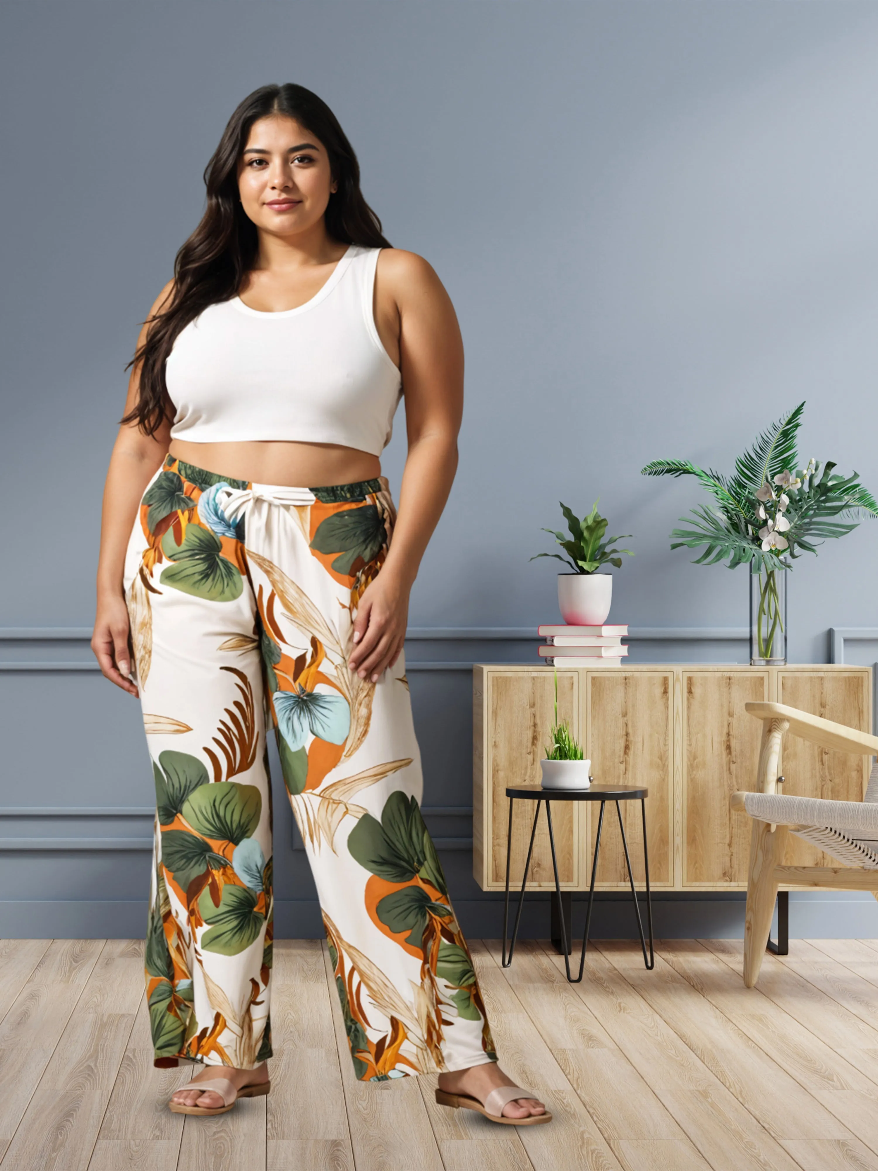 Forest White Printed Palazzo Pants for Women with Comfortable Fit