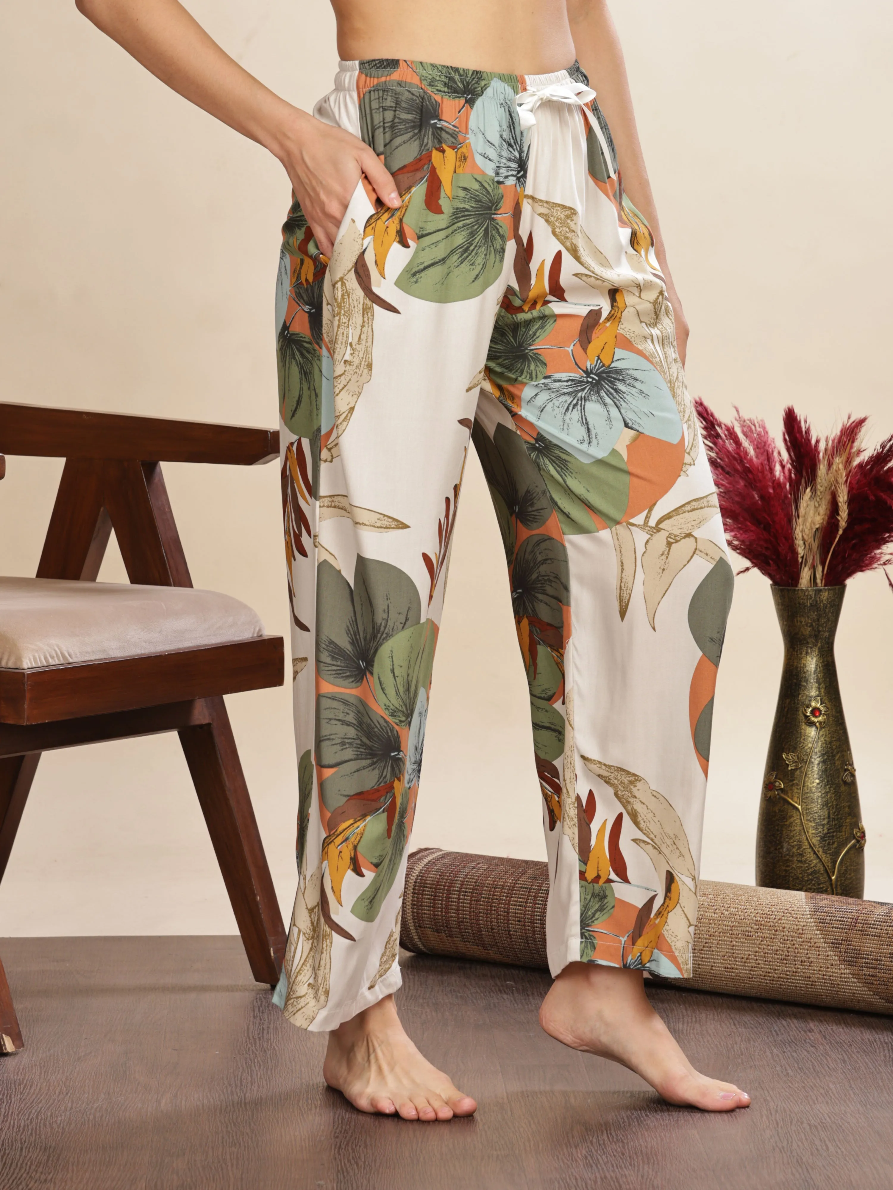 Forest White Printed Palazzo Pants for Women with Comfortable Fit