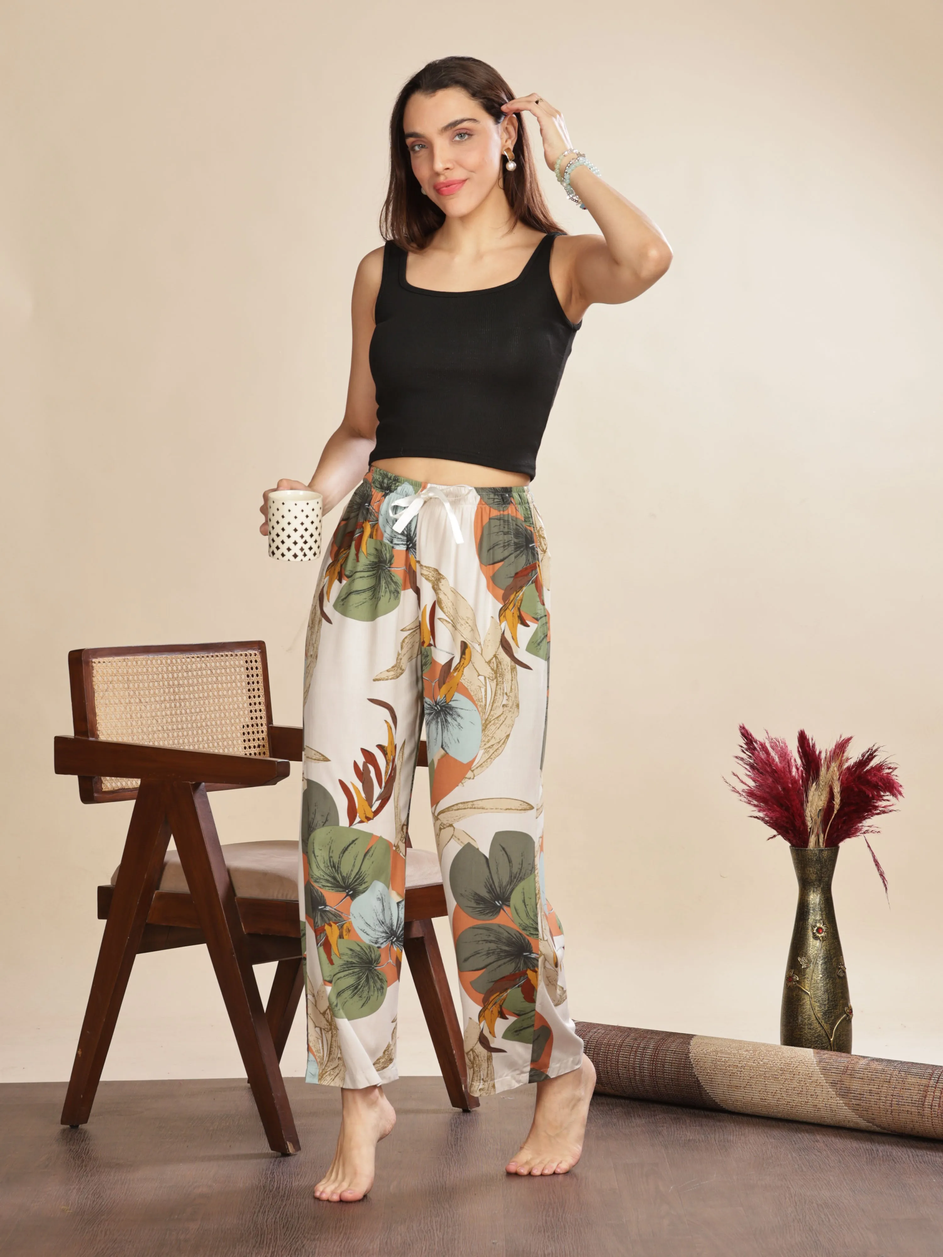 Forest White Printed Palazzo Pants for Women with Comfortable Fit