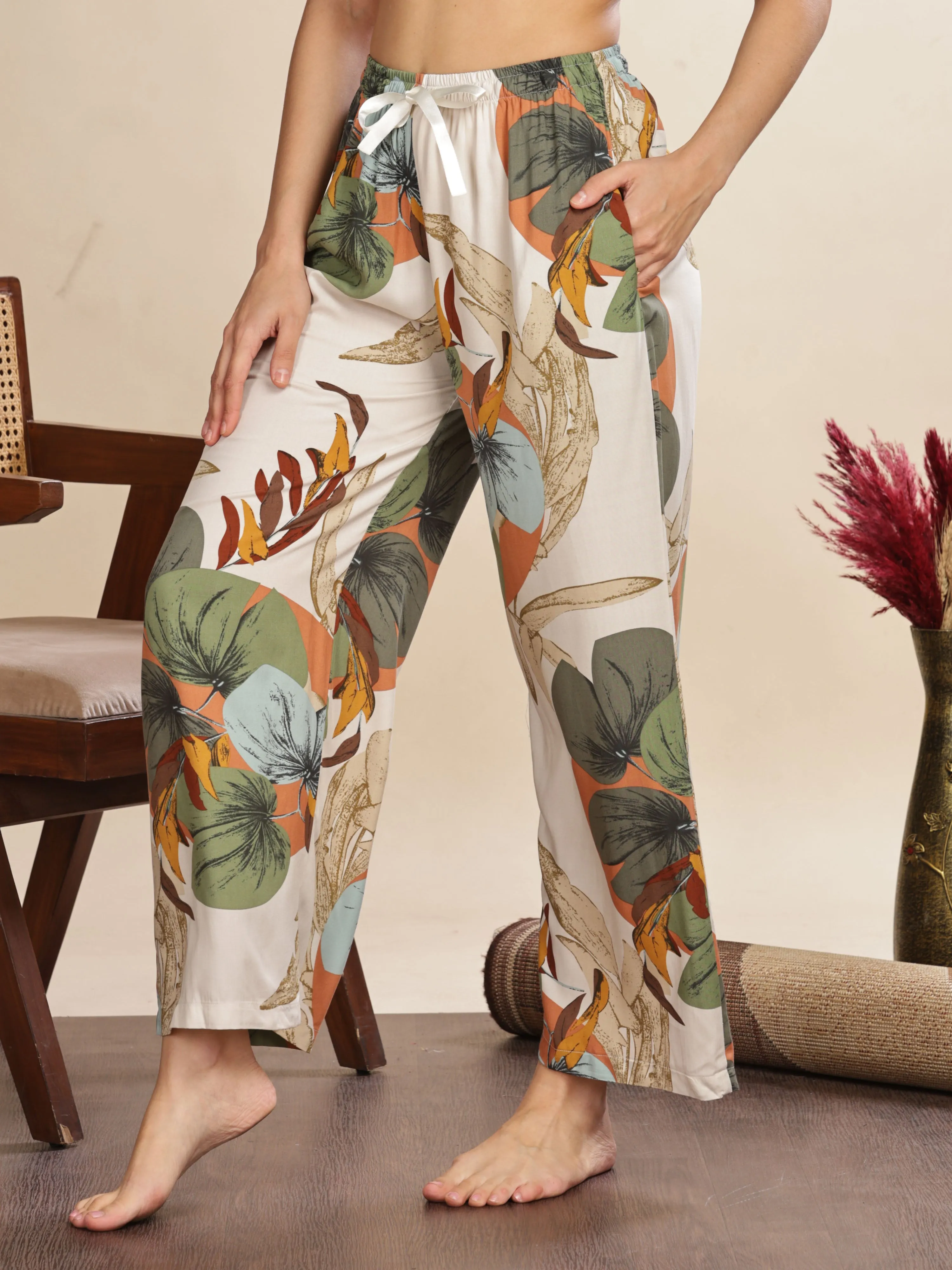 Forest White Printed Palazzo Pants for Women with Comfortable Fit