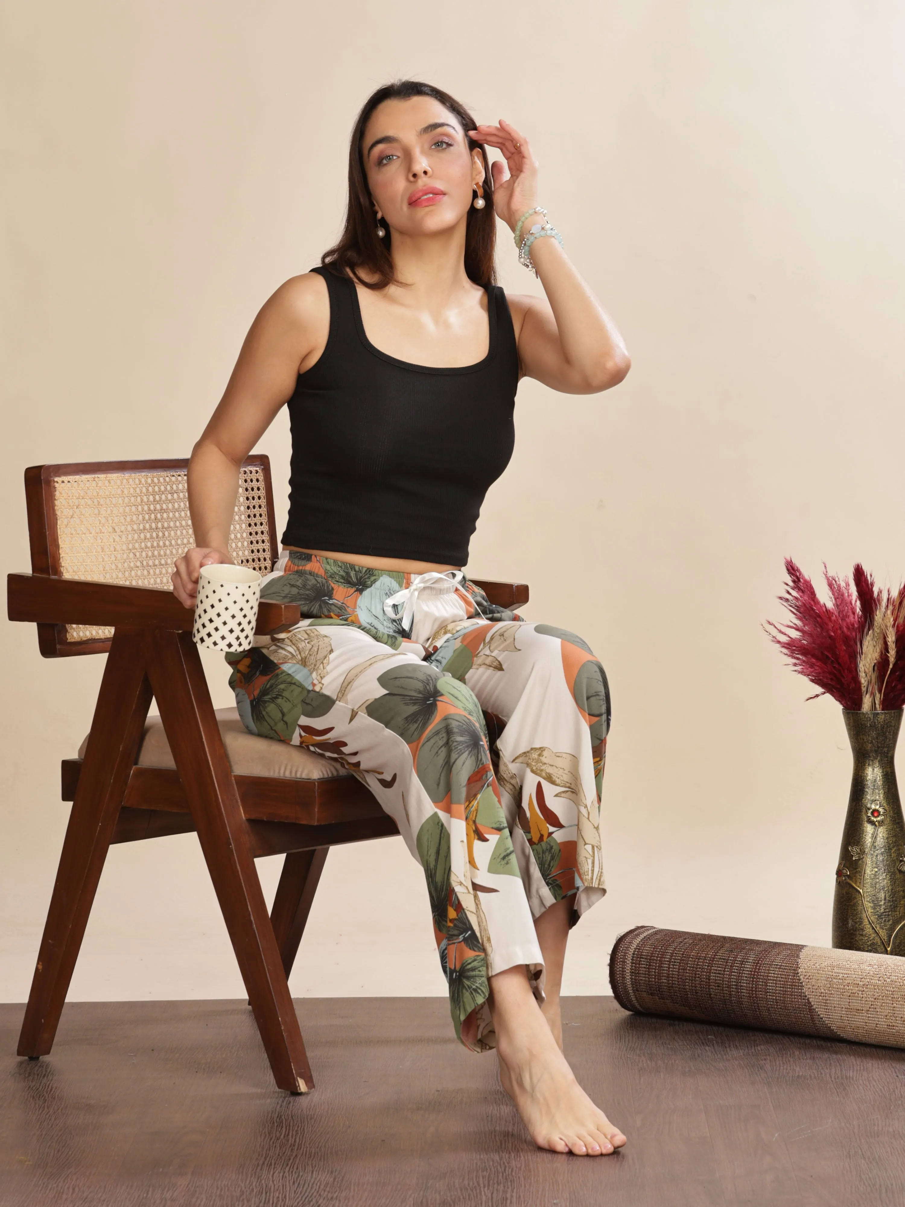Forest White Printed Palazzo Pants for Women with Comfortable Fit