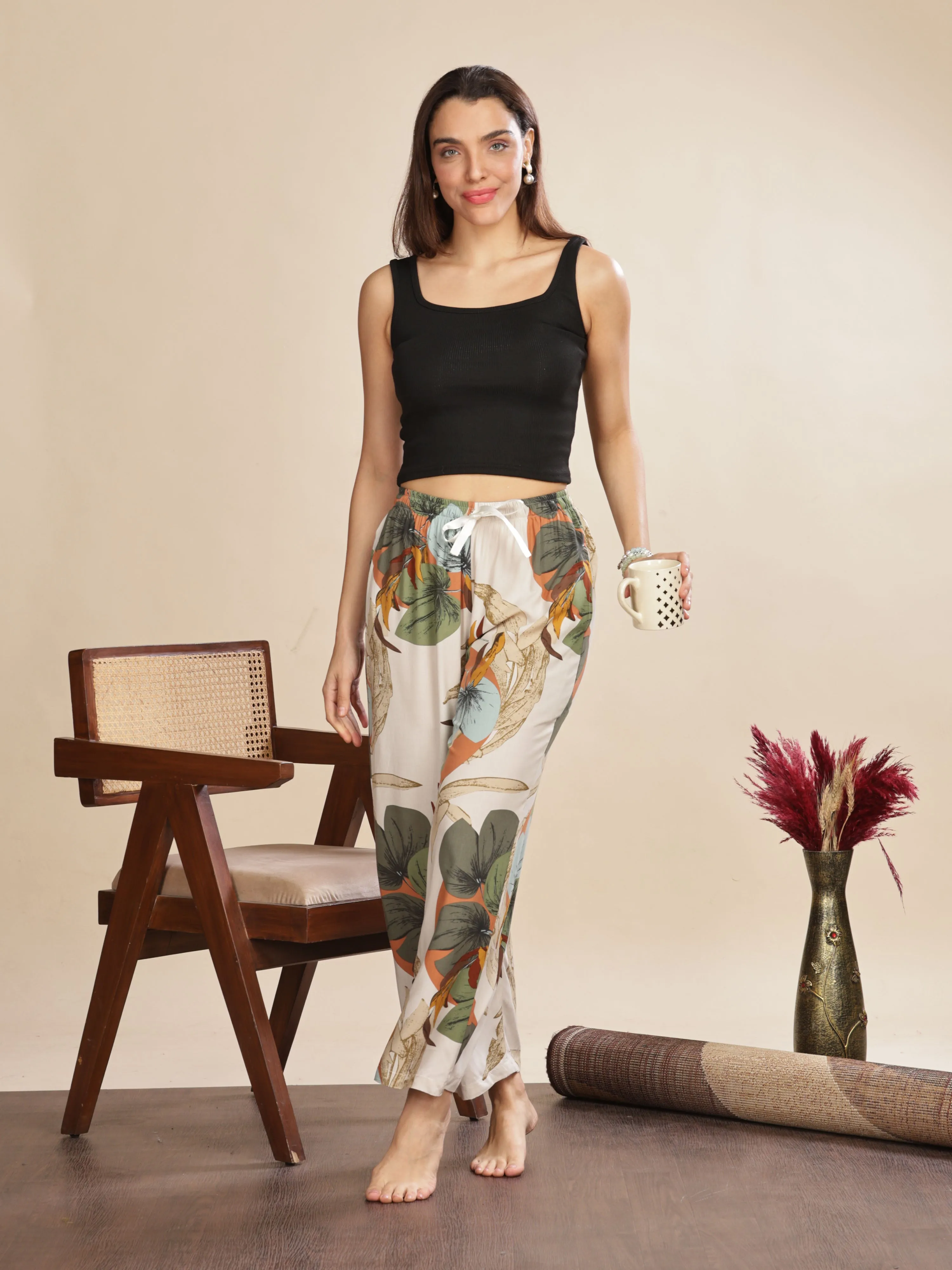 Forest White Printed Palazzo Pants for Women with Comfortable Fit