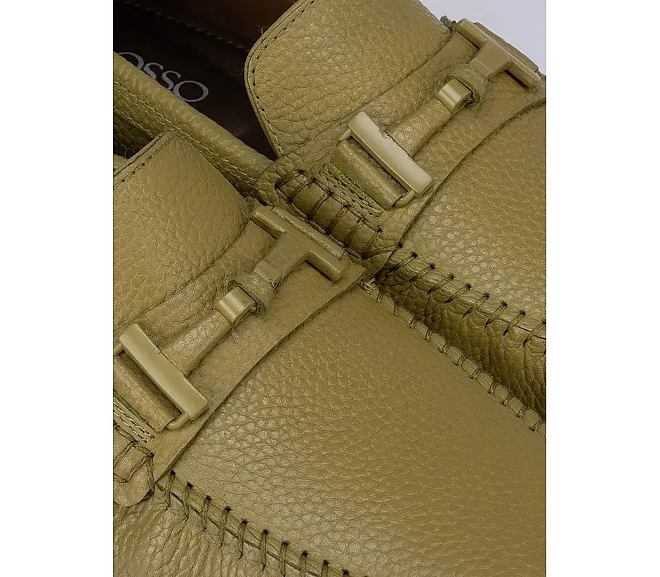 Green Textured Leather Panel Moccasins