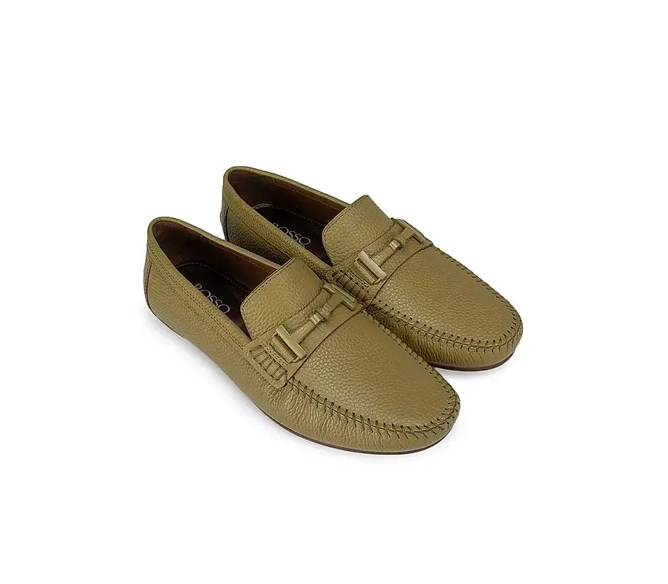 Green Textured Leather Panel Moccasins
