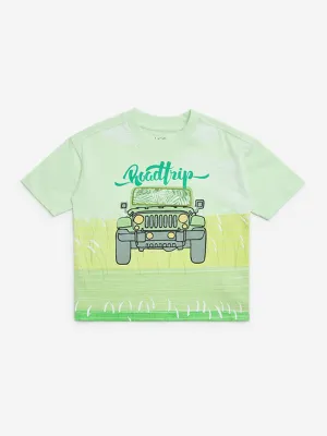 HOP Kids Green Jeep Printed Cotton T-Shirt