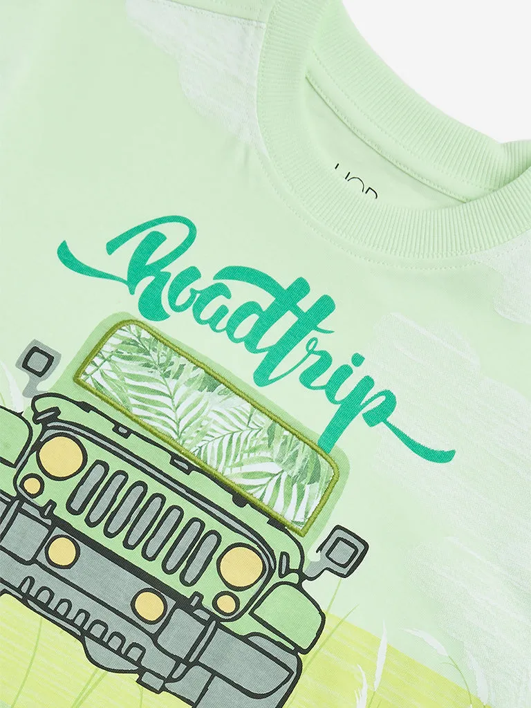 HOP Kids Green Jeep Printed Cotton T-Shirt
