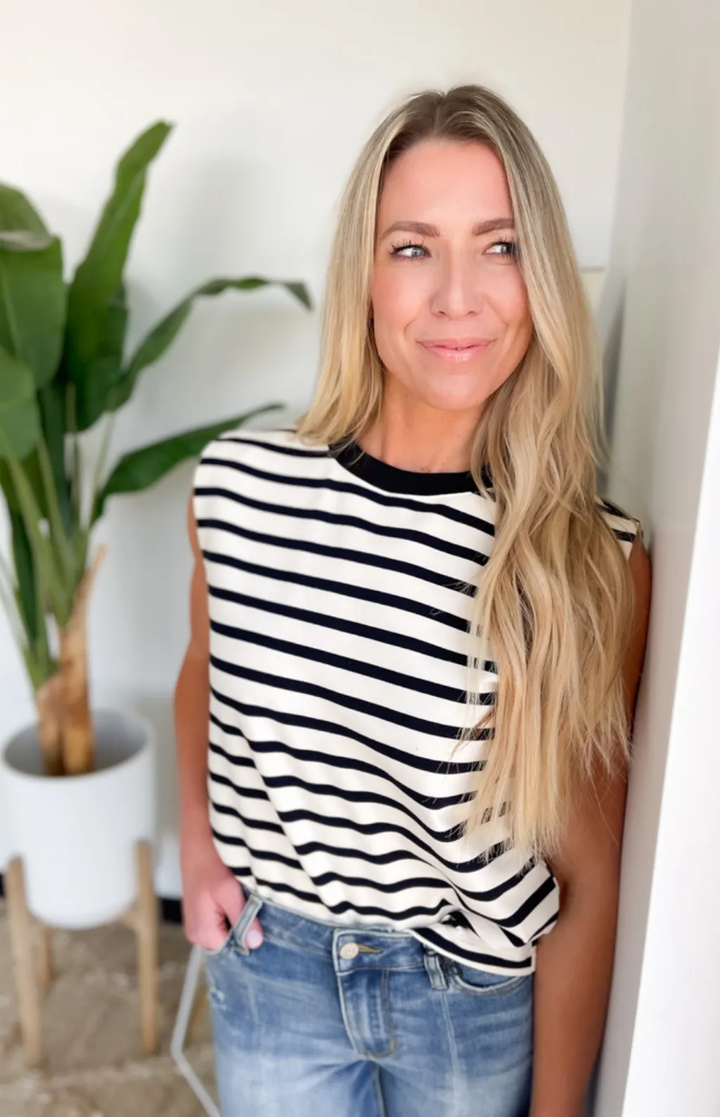Ivory/Black Striped Sleeveless Top