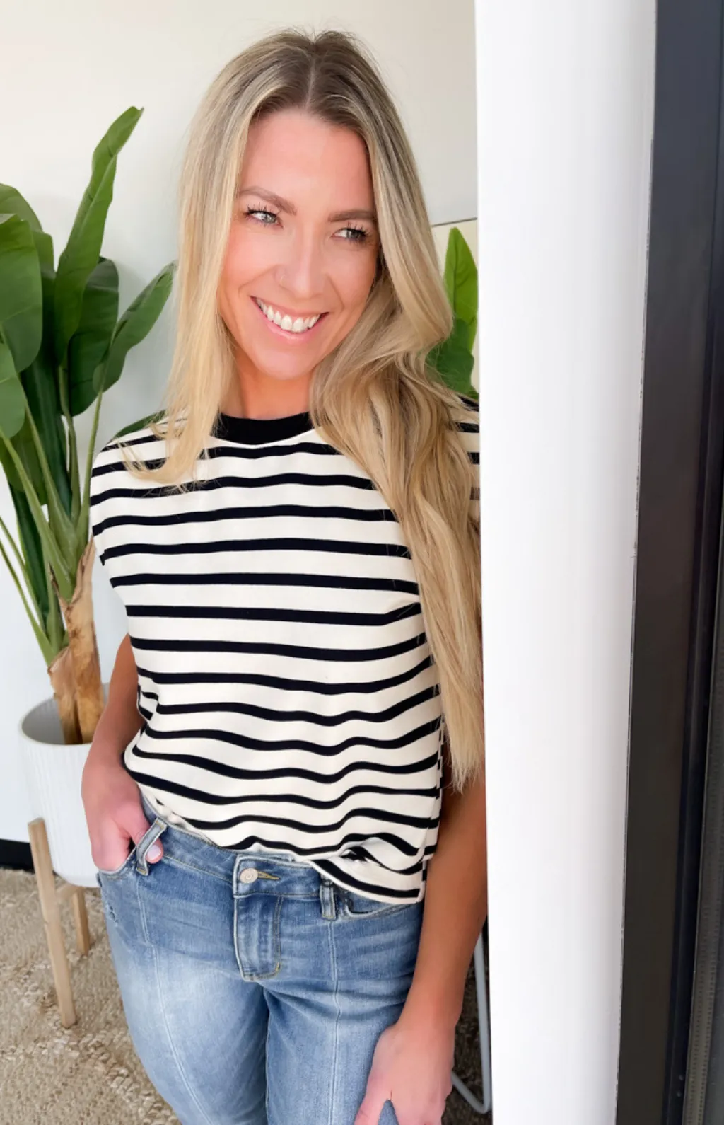 Ivory/Black Striped Sleeveless Top