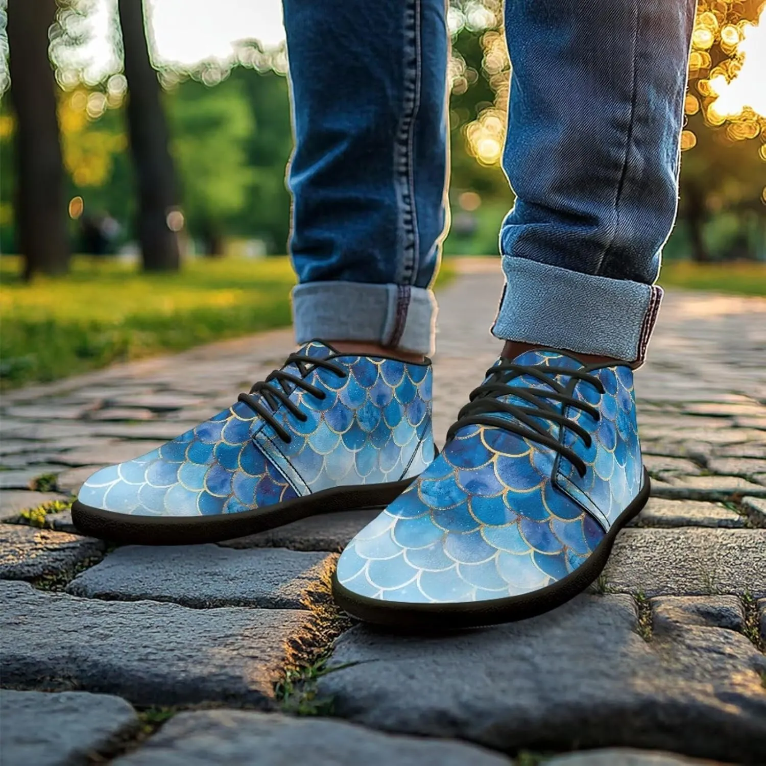 Jeiento Fish Scale Print Mens Barefoot Walking Shoes with Rubber Sole Zero Drop Sole