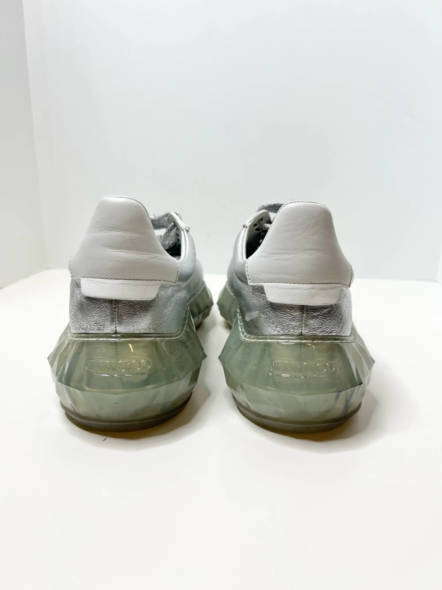 Jimmy Choo Diamond Sneakers, Silver & White Metallic Leather, Size 36.5