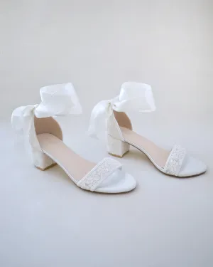 JOSKAA 2024 New Fashion High Heel Crochet Lace Block Heel Wedding Sandals with Wrapped Ankle Tie