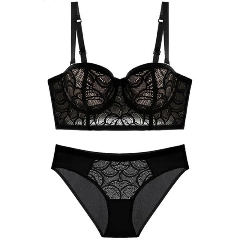 Lace Slip-Resistant Bra Set  Half Cup and Push-Up Support