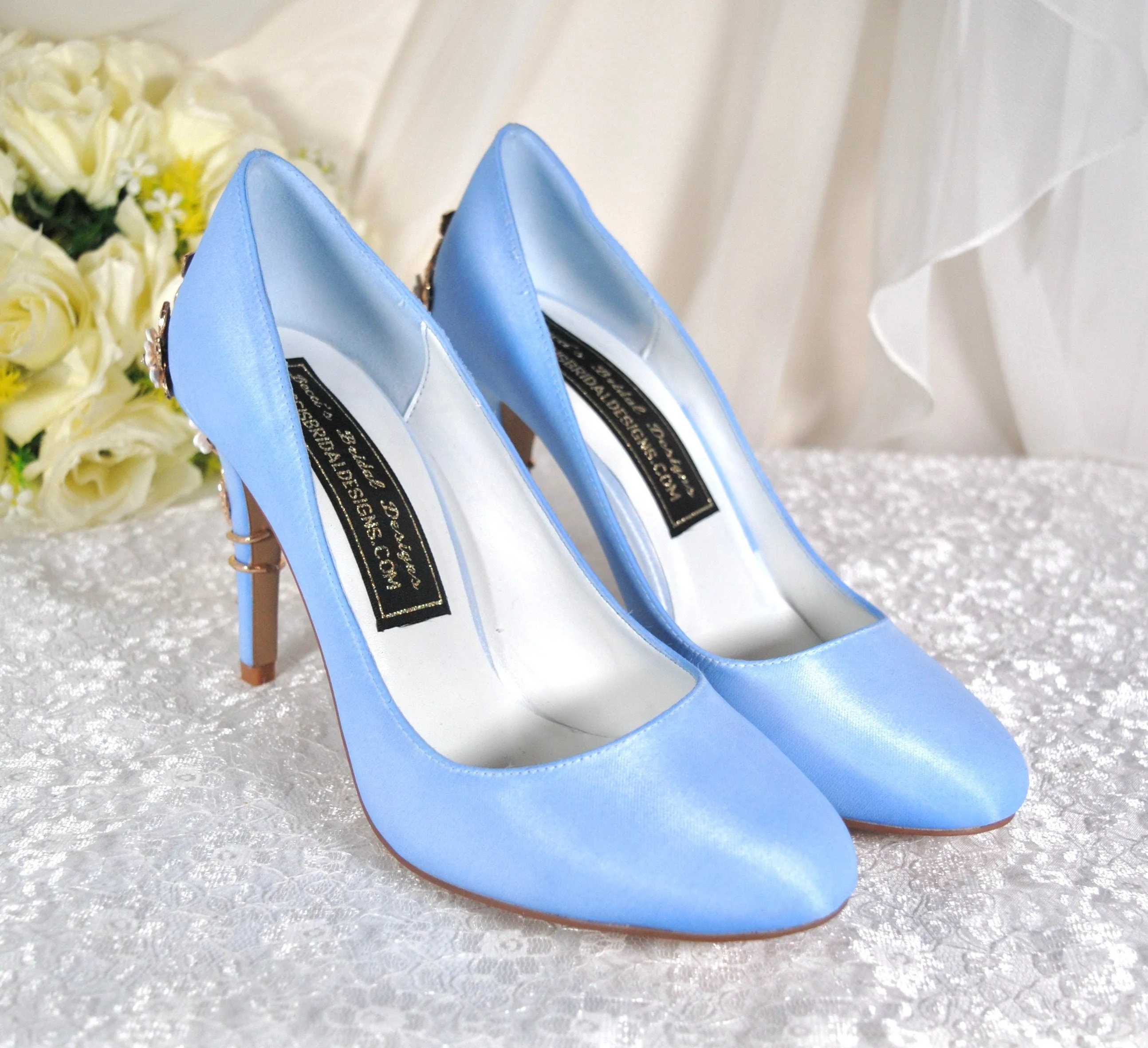 Light Blue Satin Round Toe with 'Cherry Blossom'