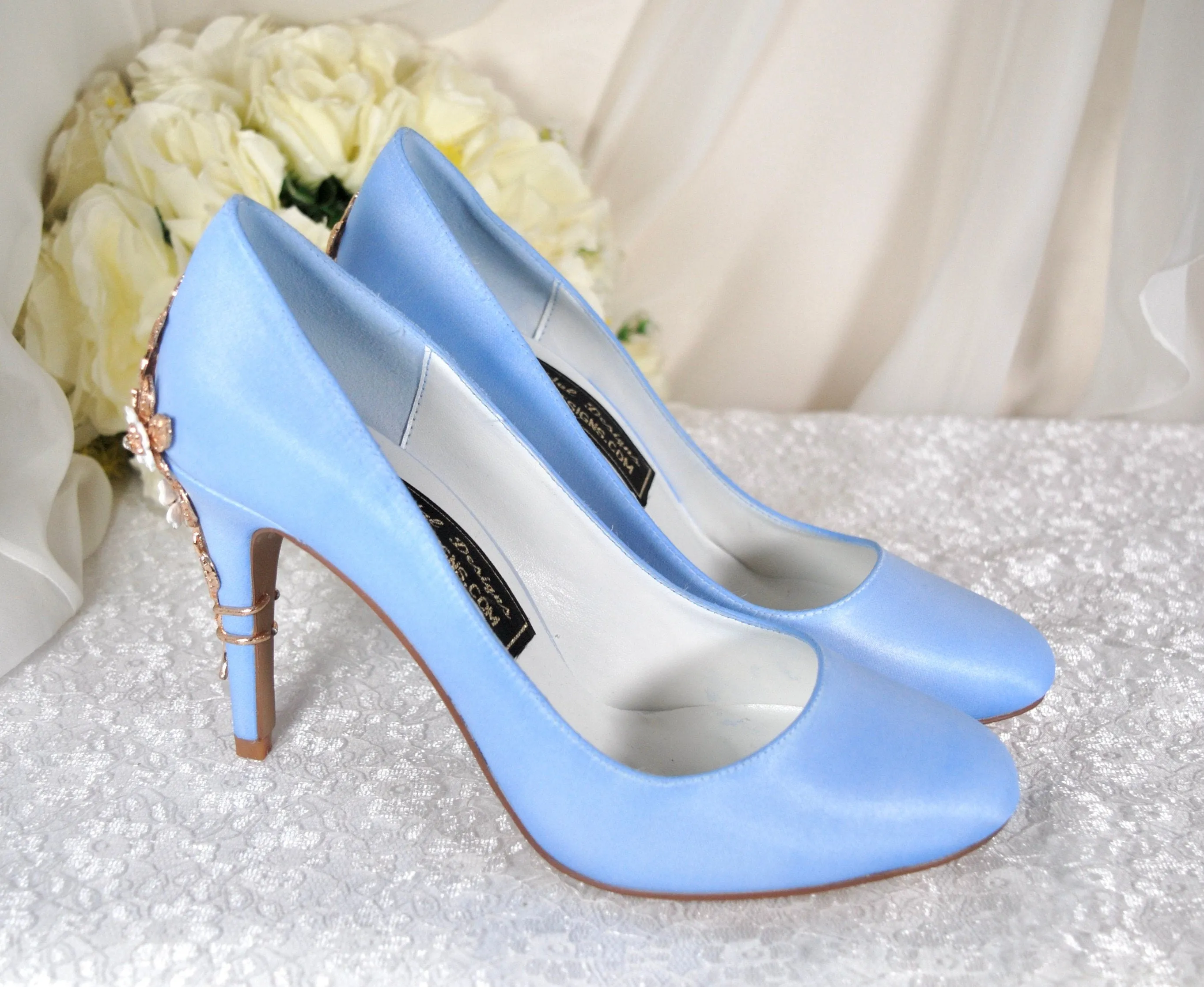 Light Blue Satin Round Toe with 'Cherry Blossom'