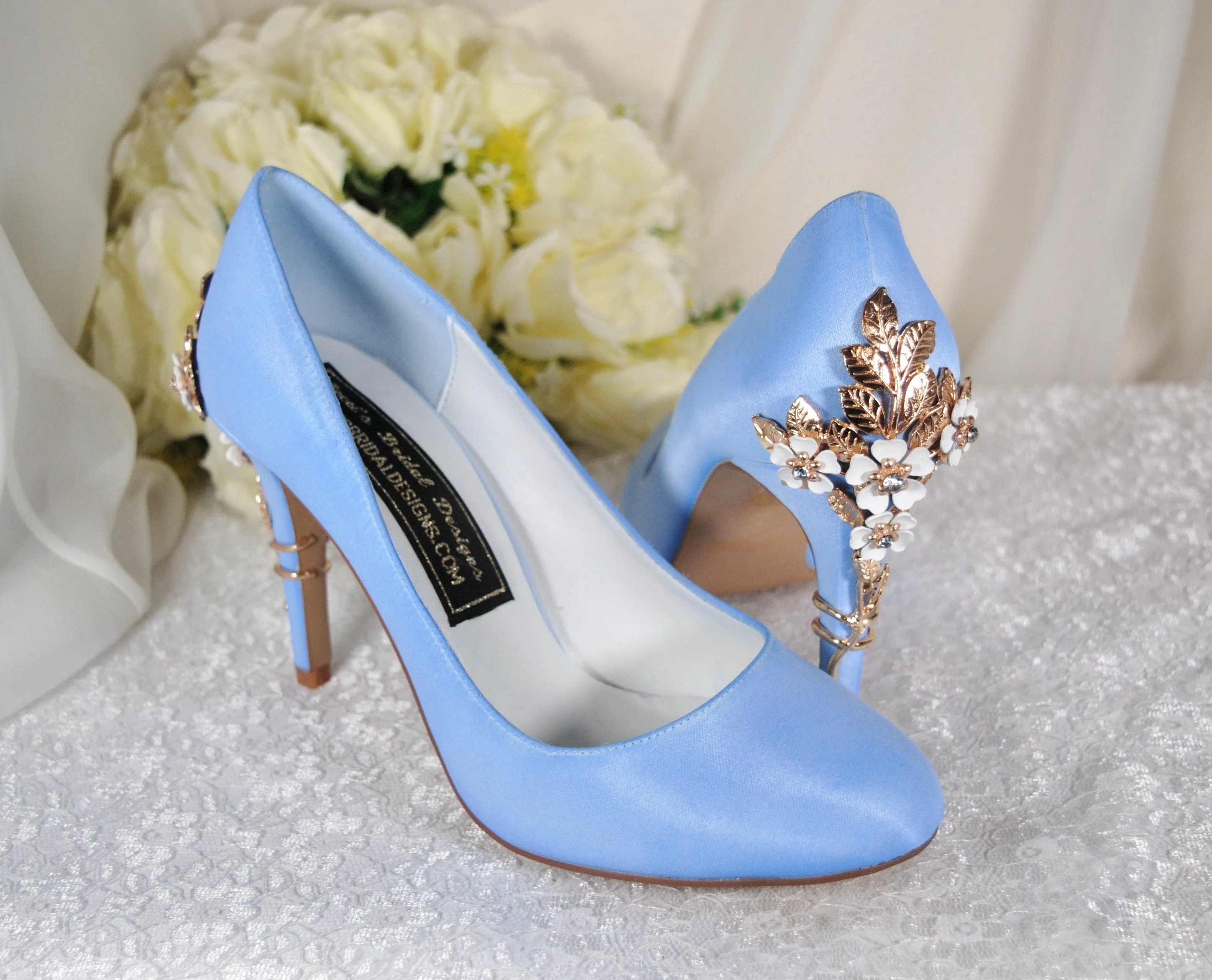 Light Blue Satin Round Toe with 'Cherry Blossom'