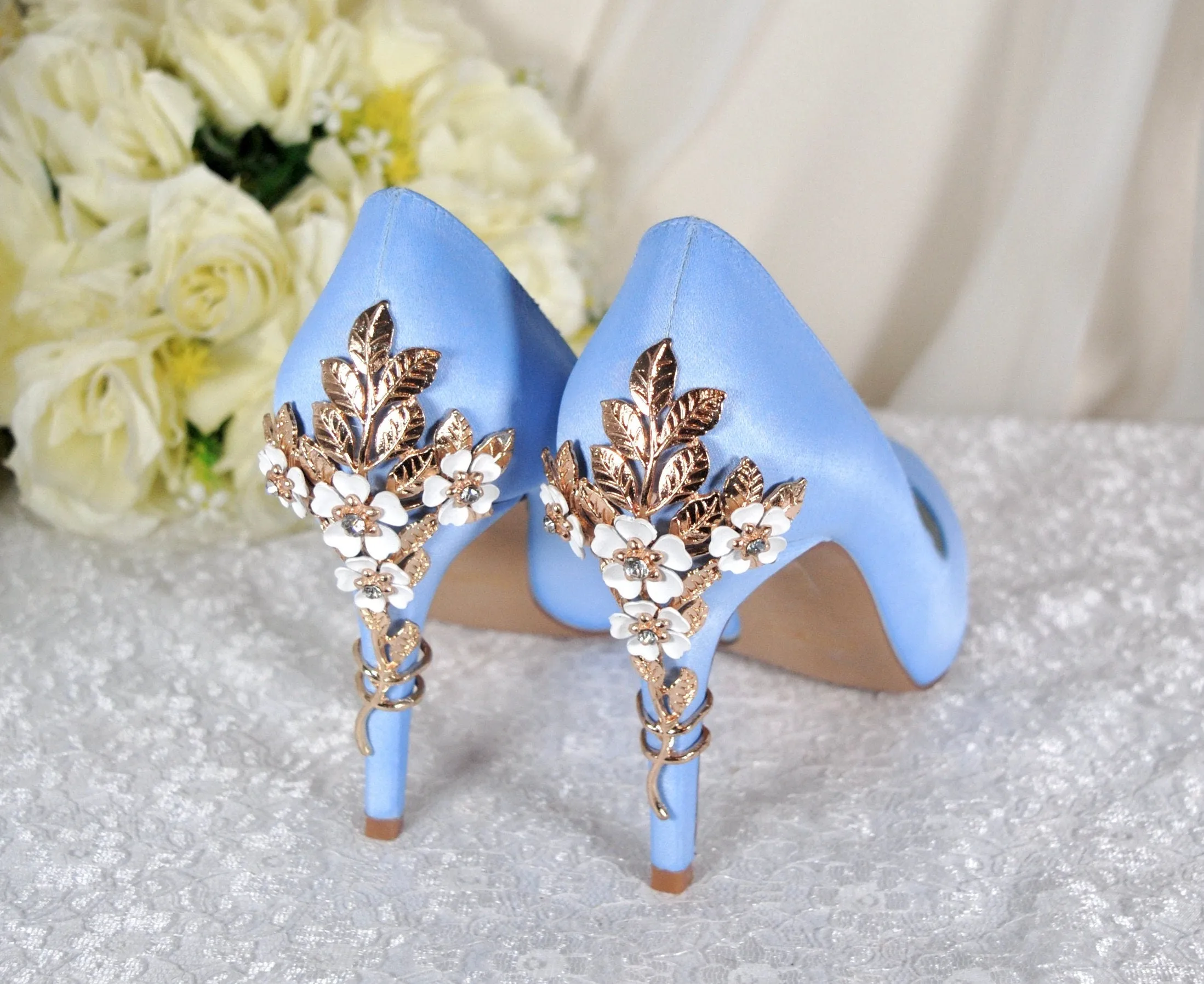 Light Blue Satin Round Toe with 'Cherry Blossom'