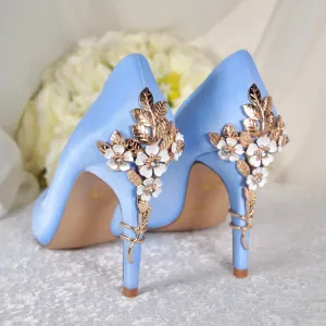Light Blue Satin Round Toe with 'Cherry Blossom'