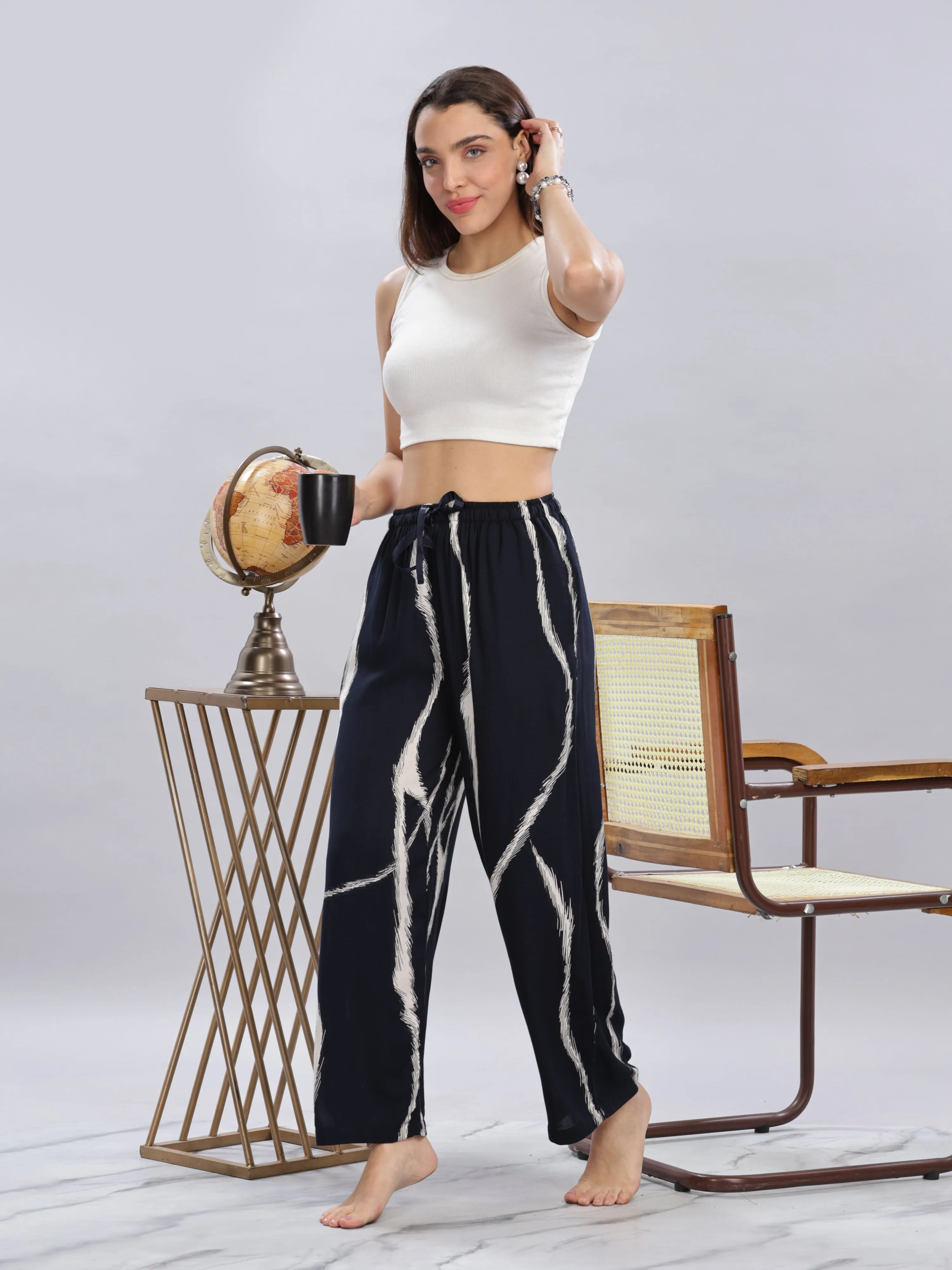 Navy Blue Designer Palazzo Pants for Women with Trendy Printed Look