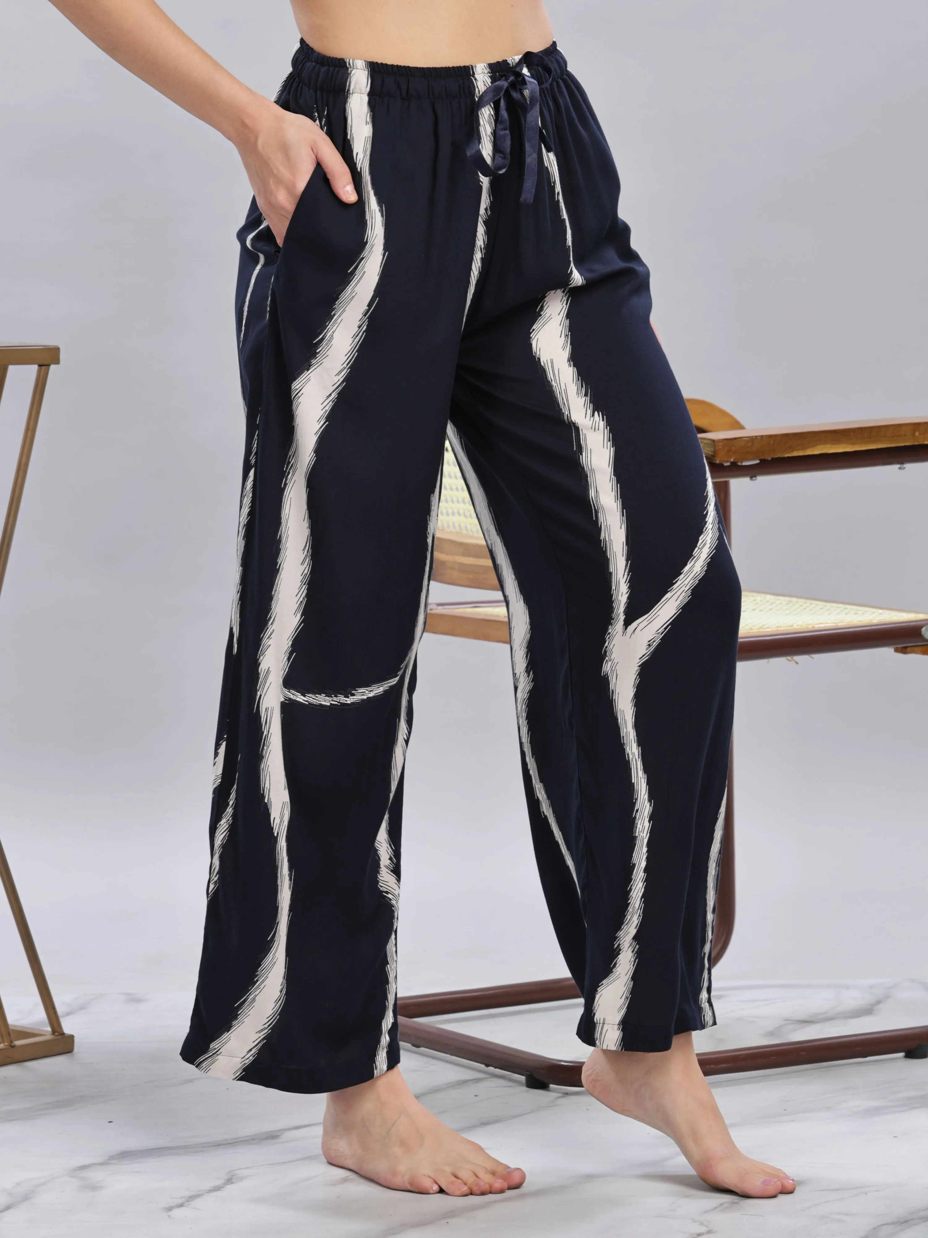 Navy Blue Designer Palazzo Pants for Women with Trendy Printed Look