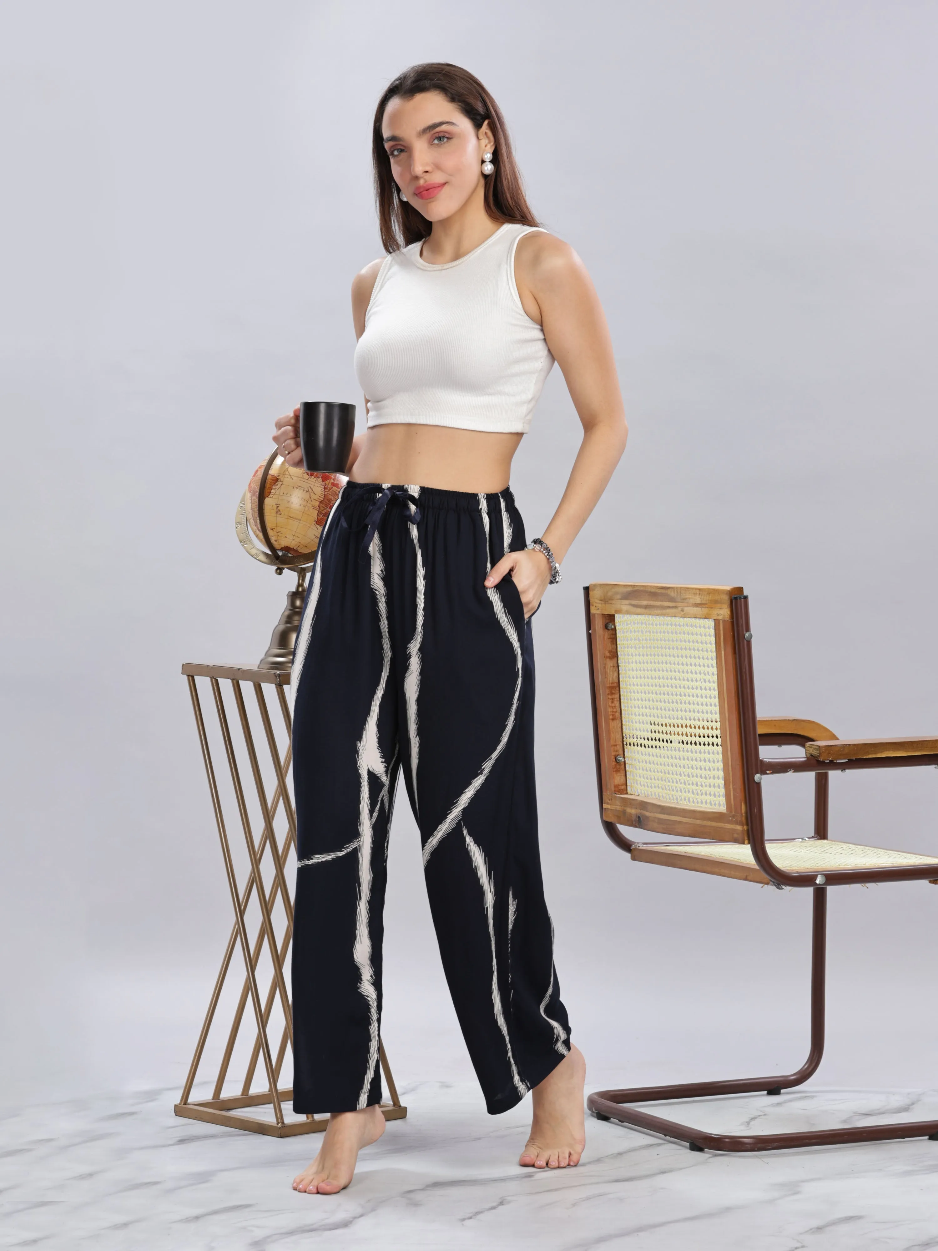 Navy Blue Designer Palazzo Pants for Women with Trendy Printed Look