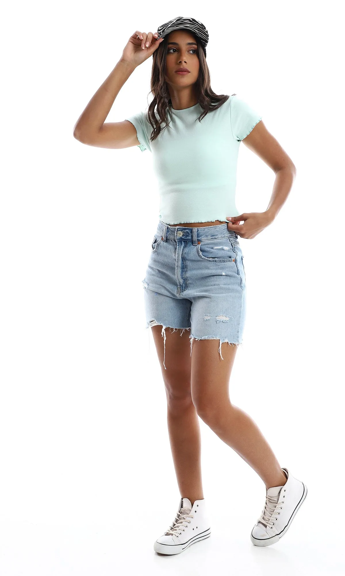 O154985 Petite Cap Sleeves Mint Crop Top