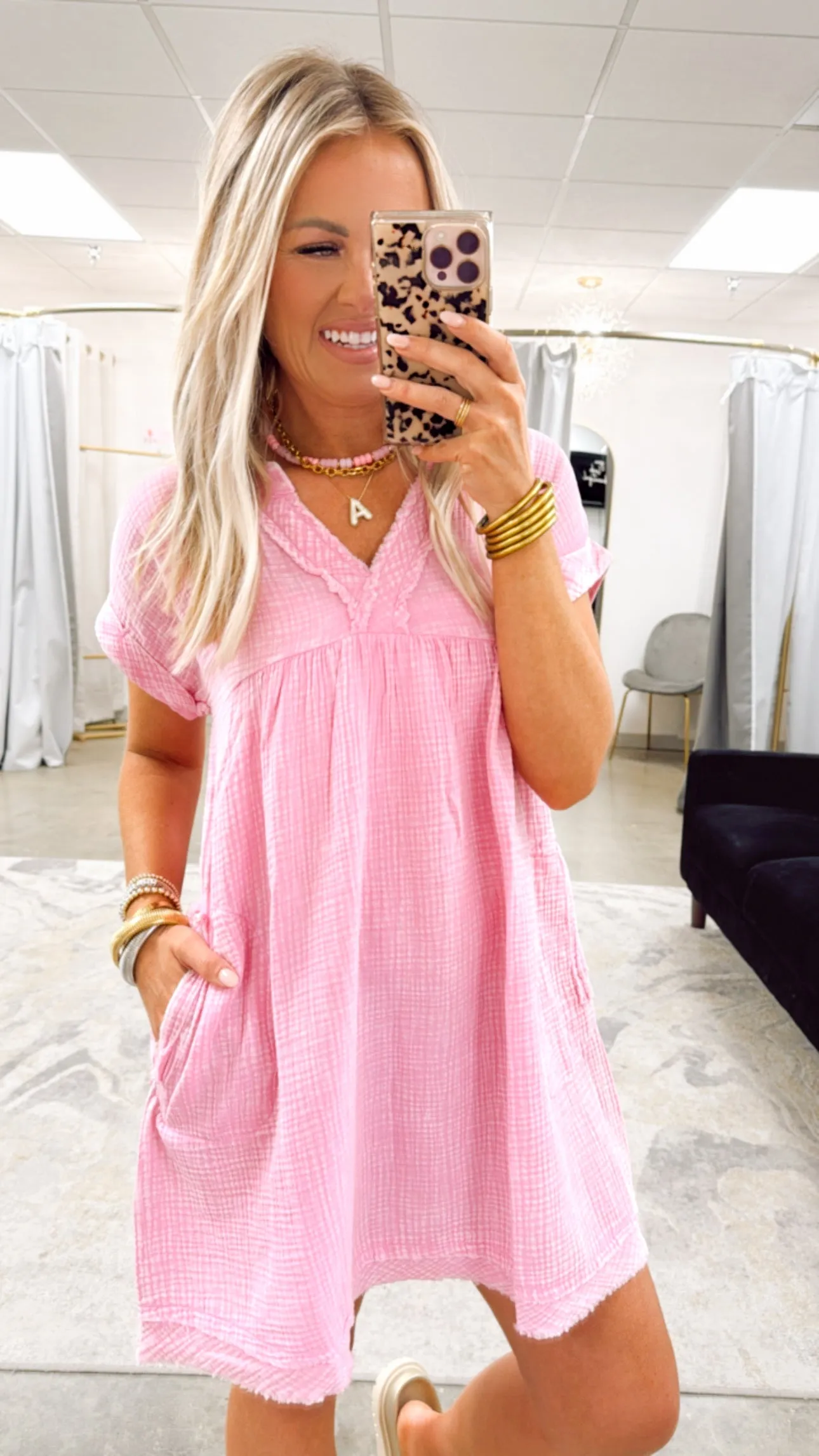Ocean Breeze V-Neck Dress-Candy Pink