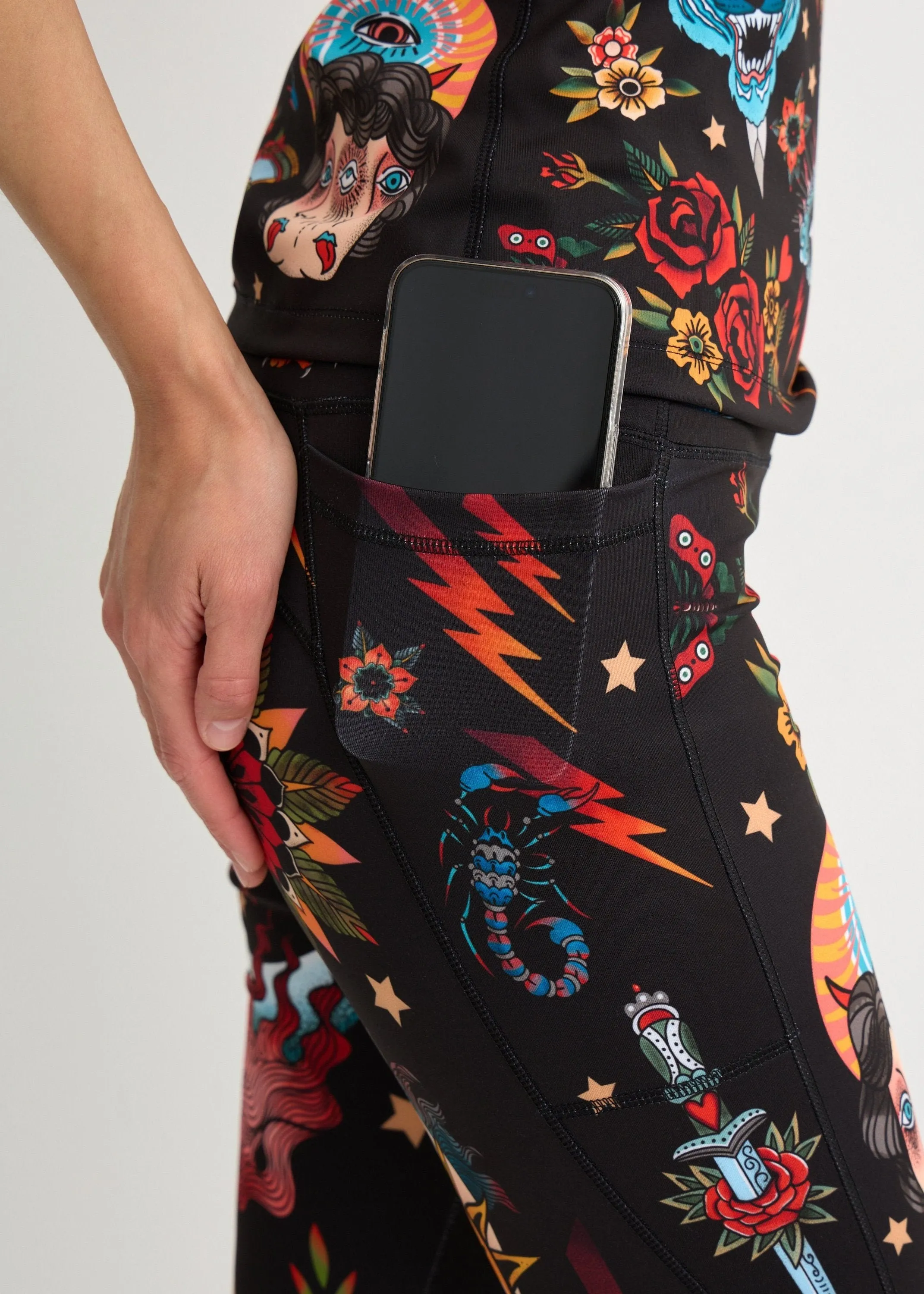 Old-School Print Leggings with Pockets for Women  Yoga, Workout, Everyday Wear