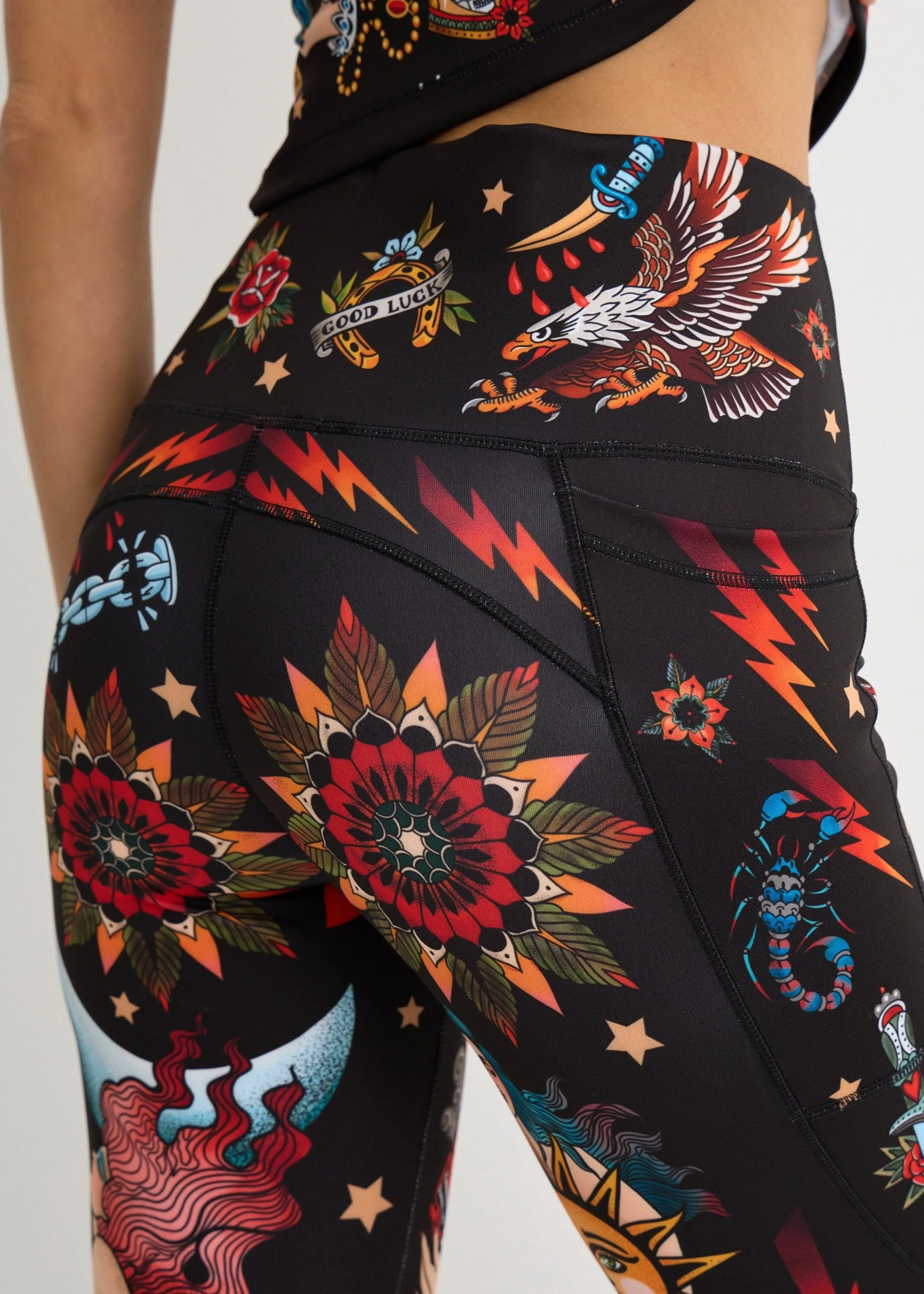 Old-School Print Leggings with Pockets for Women  Yoga, Workout, Everyday Wear