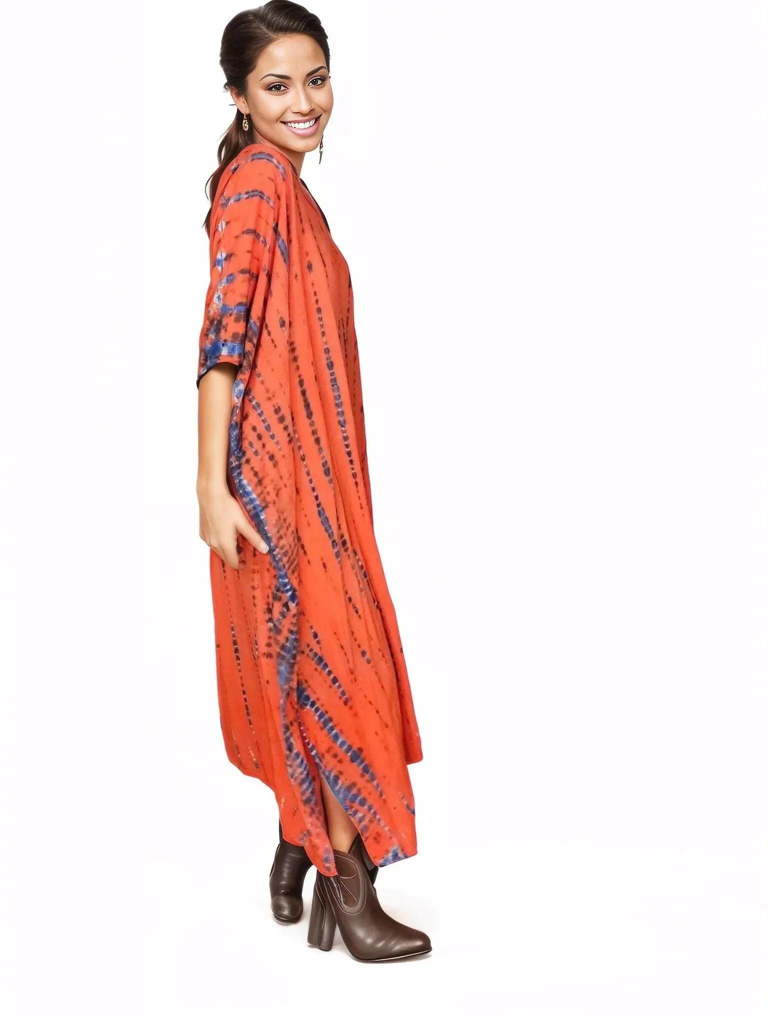 Orange/Purple Hand-Dyed Tie-Dye Maxi Kaftan Dress – Boho Chic, Flowy and Comfortable