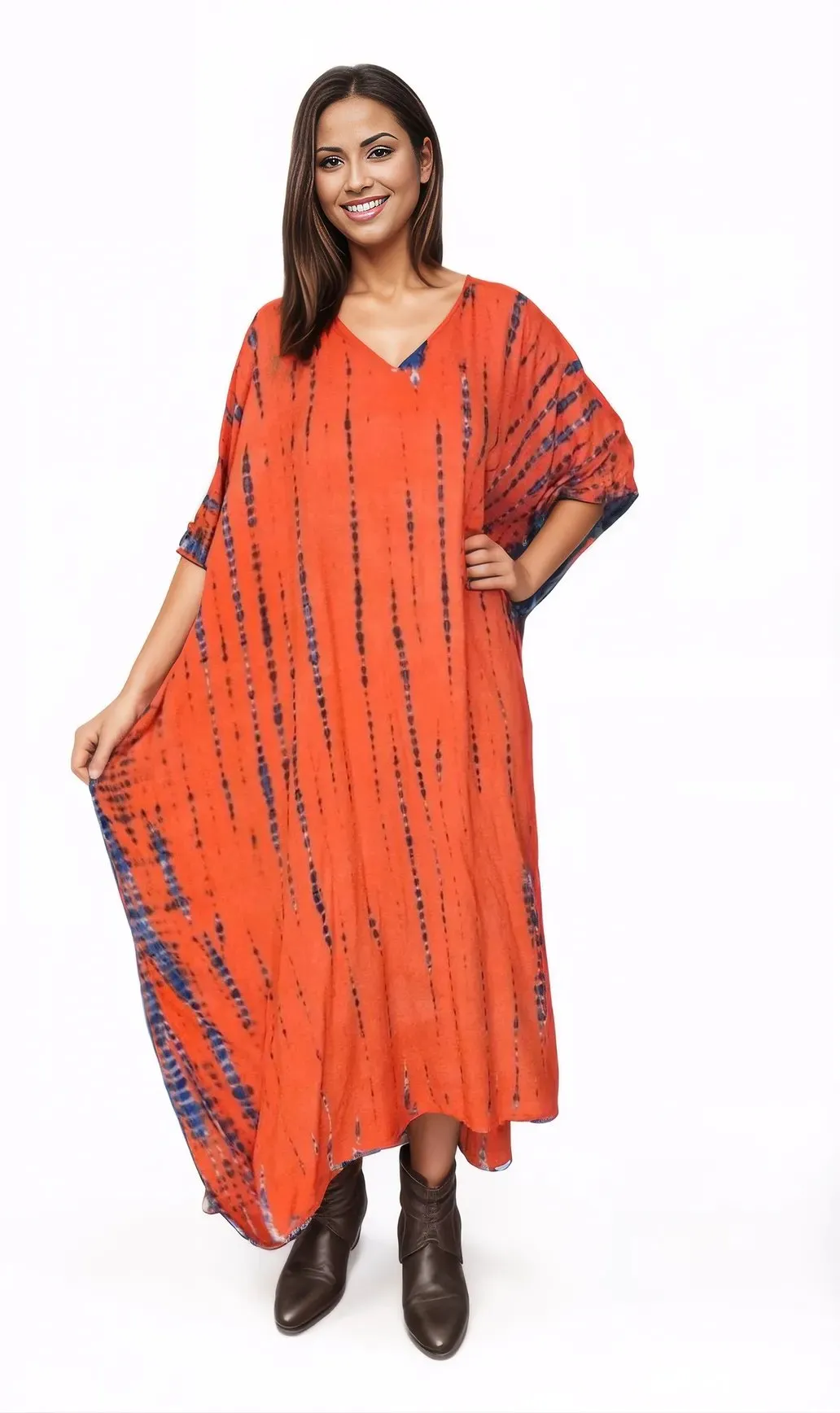 Orange/Purple Hand-Dyed Tie-Dye Maxi Kaftan Dress – Boho Chic, Flowy and Comfortable