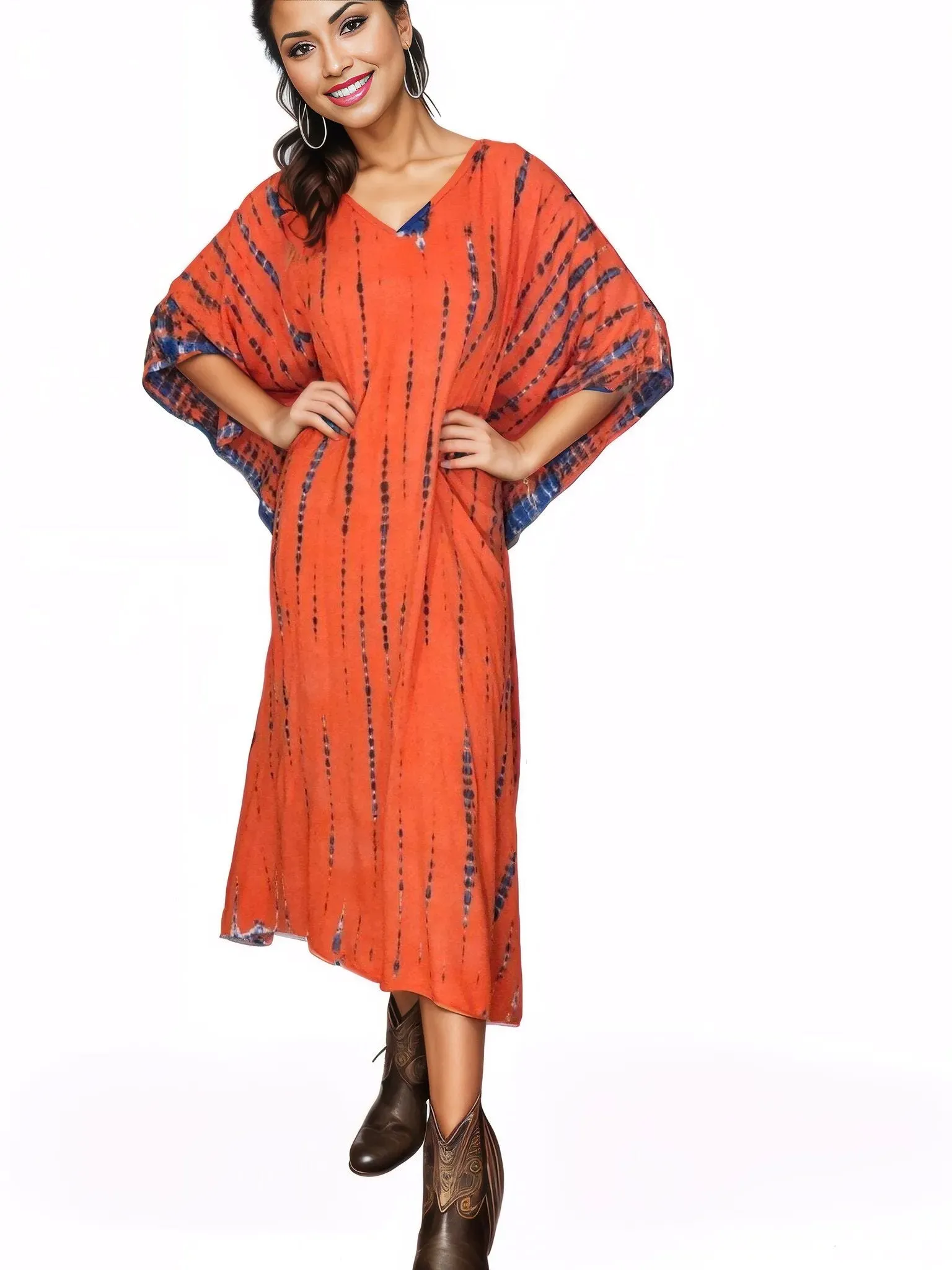 Orange/Purple Hand-Dyed Tie-Dye Maxi Kaftan Dress – Boho Chic, Flowy and Comfortable