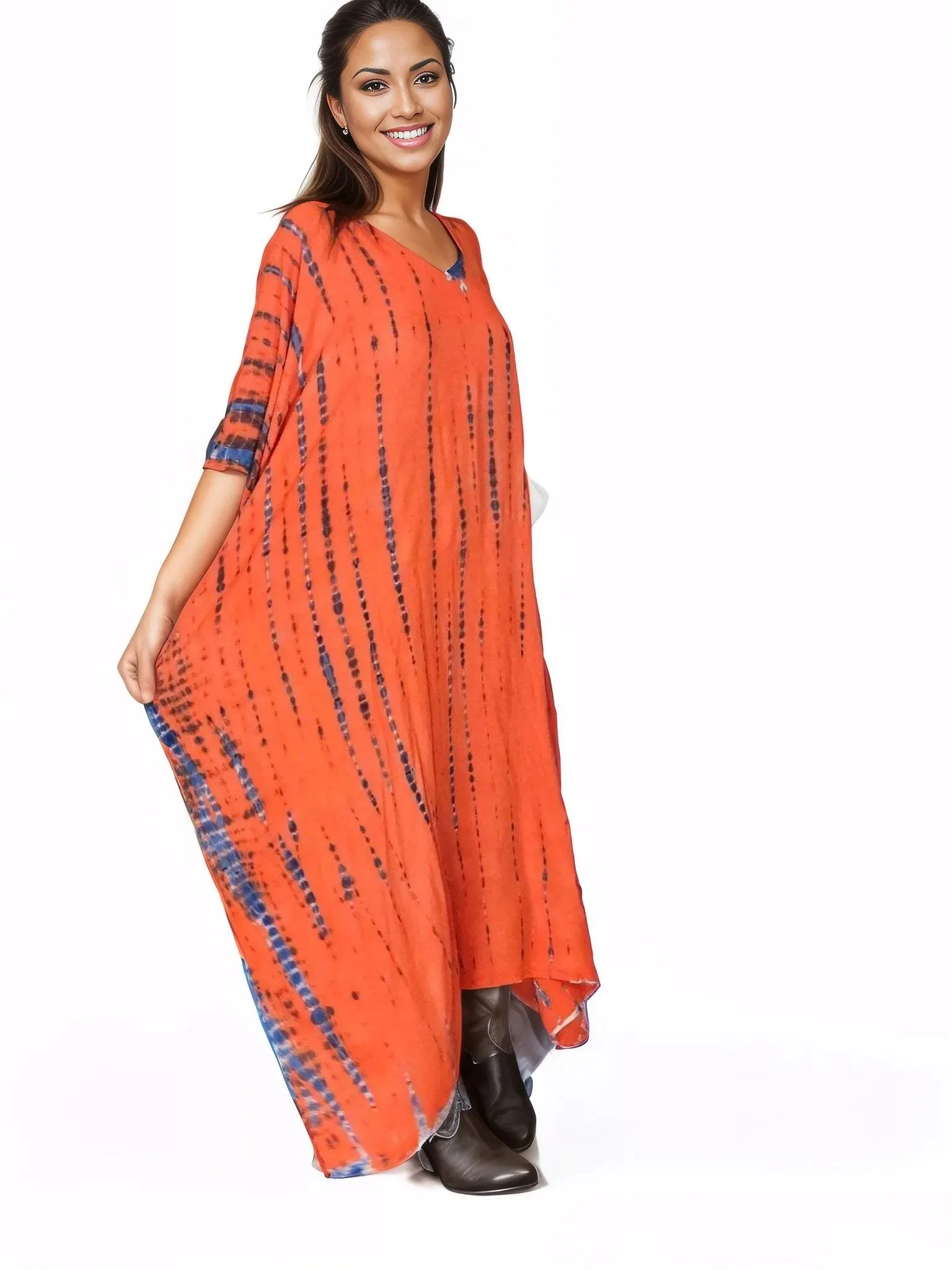 Orange/Purple Hand-Dyed Tie-Dye Maxi Kaftan Dress – Boho Chic, Flowy and Comfortable