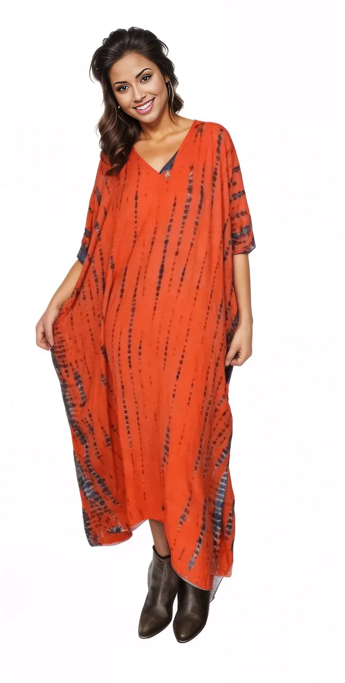Orange/Purple Hand-Dyed Tie-Dye Maxi Kaftan Dress – Boho Chic, Flowy and Comfortable