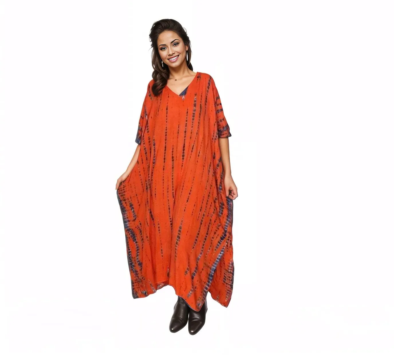 Orange/Purple Hand-Dyed Tie-Dye Maxi Kaftan Dress – Boho Chic, Flowy and Comfortable
