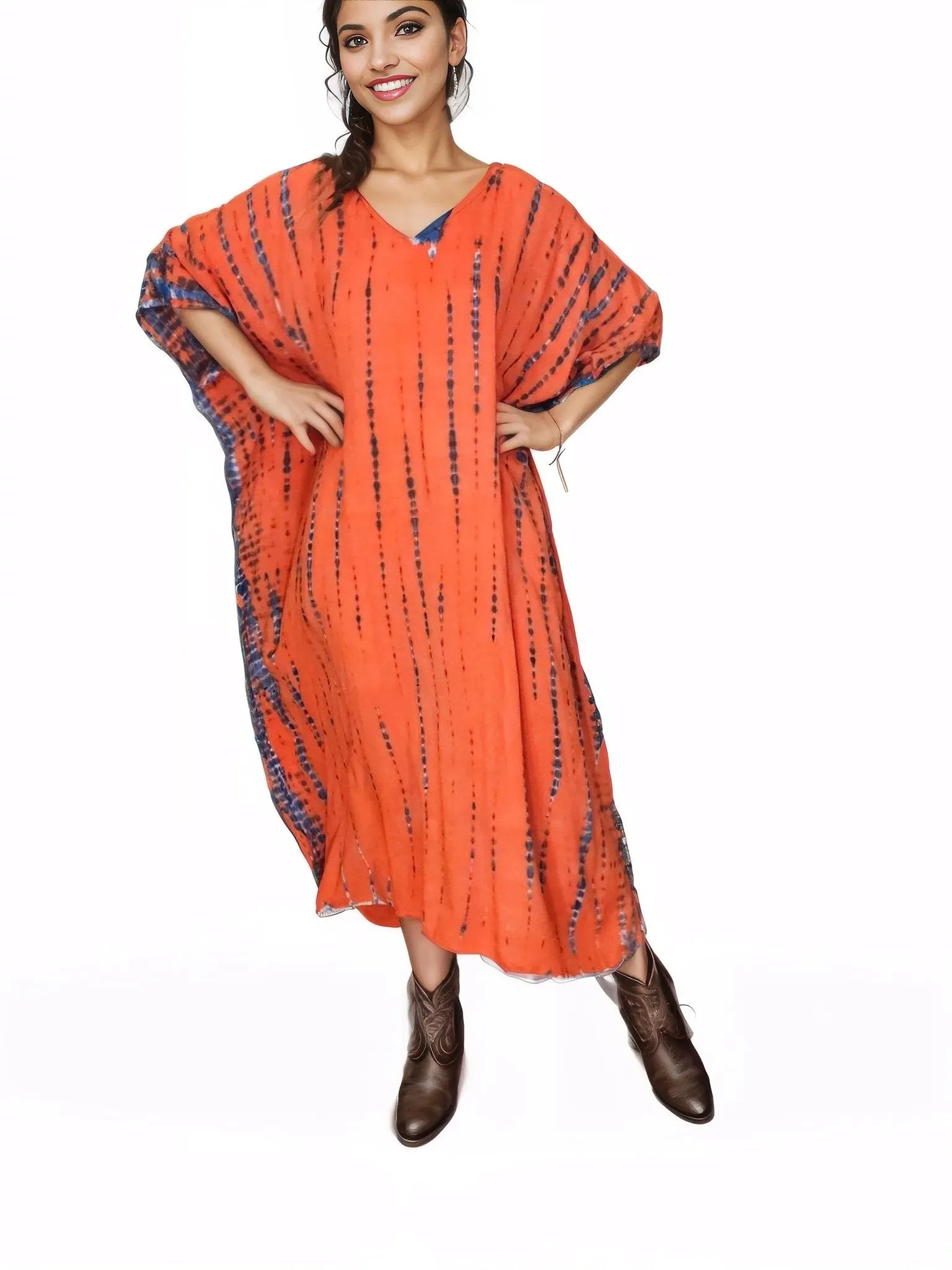 Orange/Purple Hand-Dyed Tie-Dye Maxi Kaftan Dress – Boho Chic, Flowy and Comfortable
