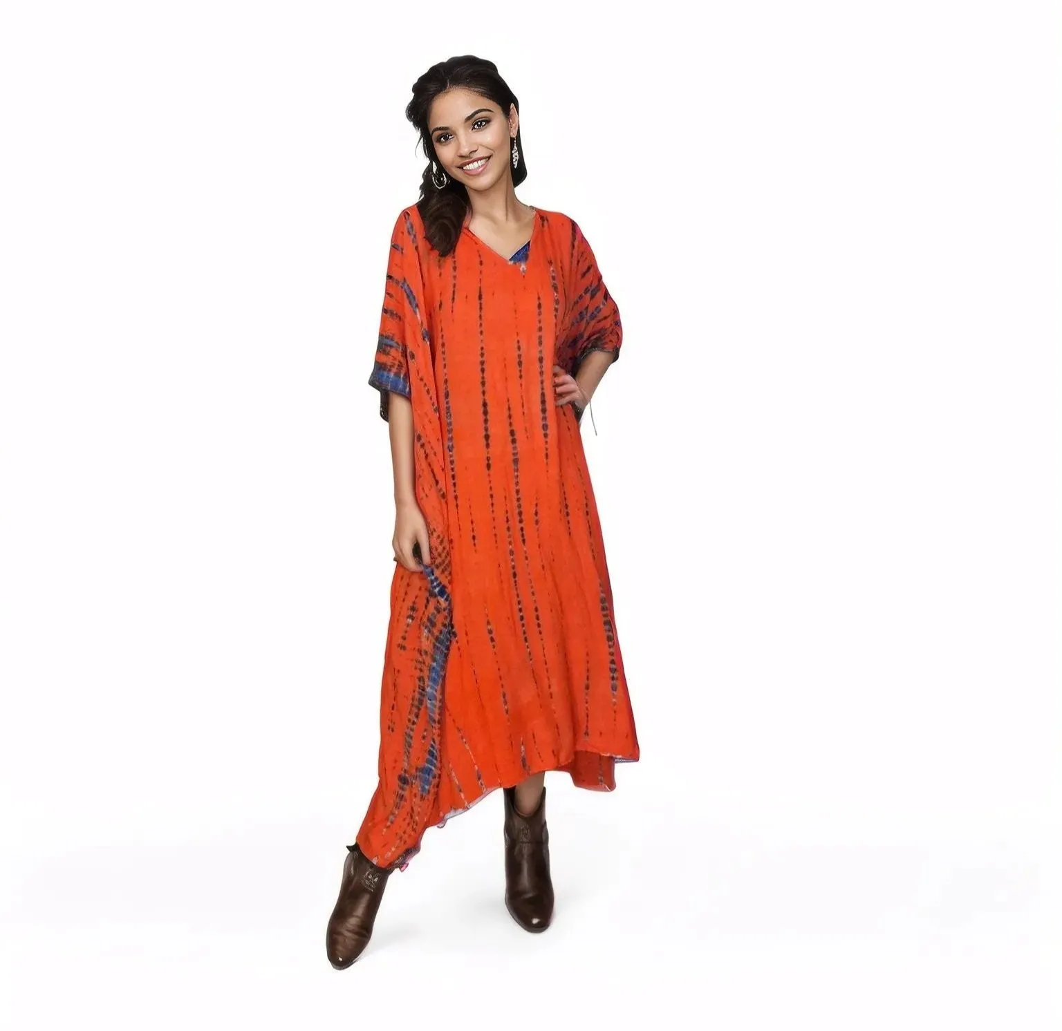 Orange/Purple Hand-Dyed Tie-Dye Maxi Kaftan Dress – Boho Chic, Flowy and Comfortable
