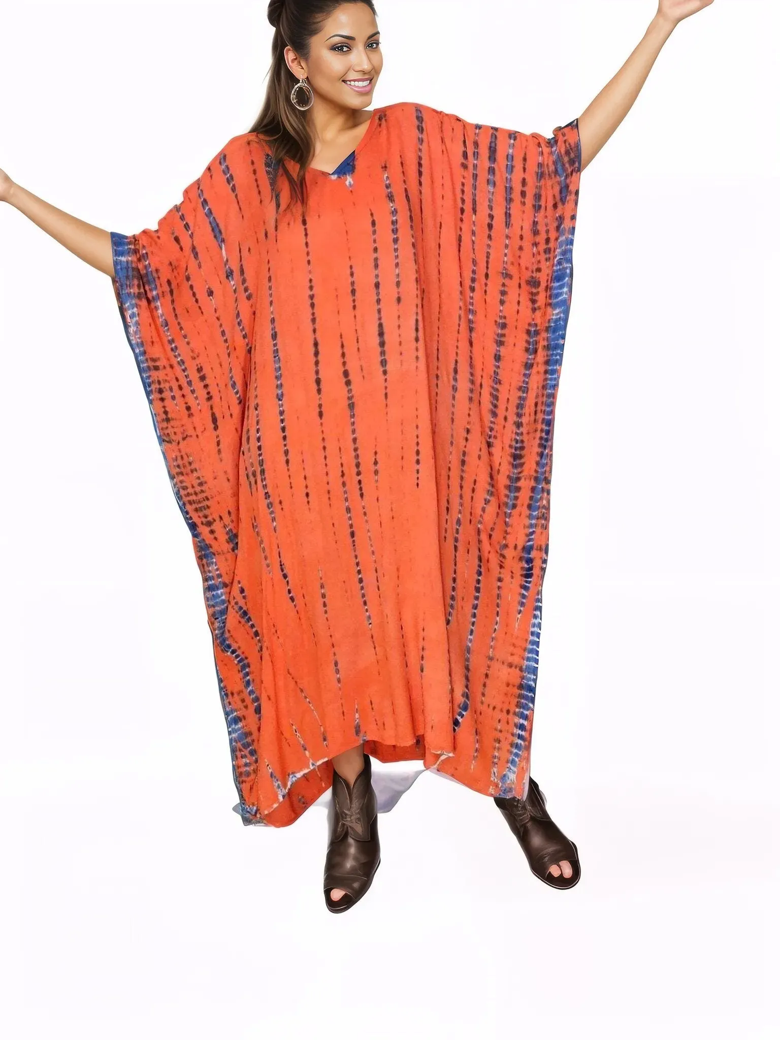 Orange/Purple Hand-Dyed Tie-Dye Maxi Kaftan Dress – Boho Chic, Flowy and Comfortable