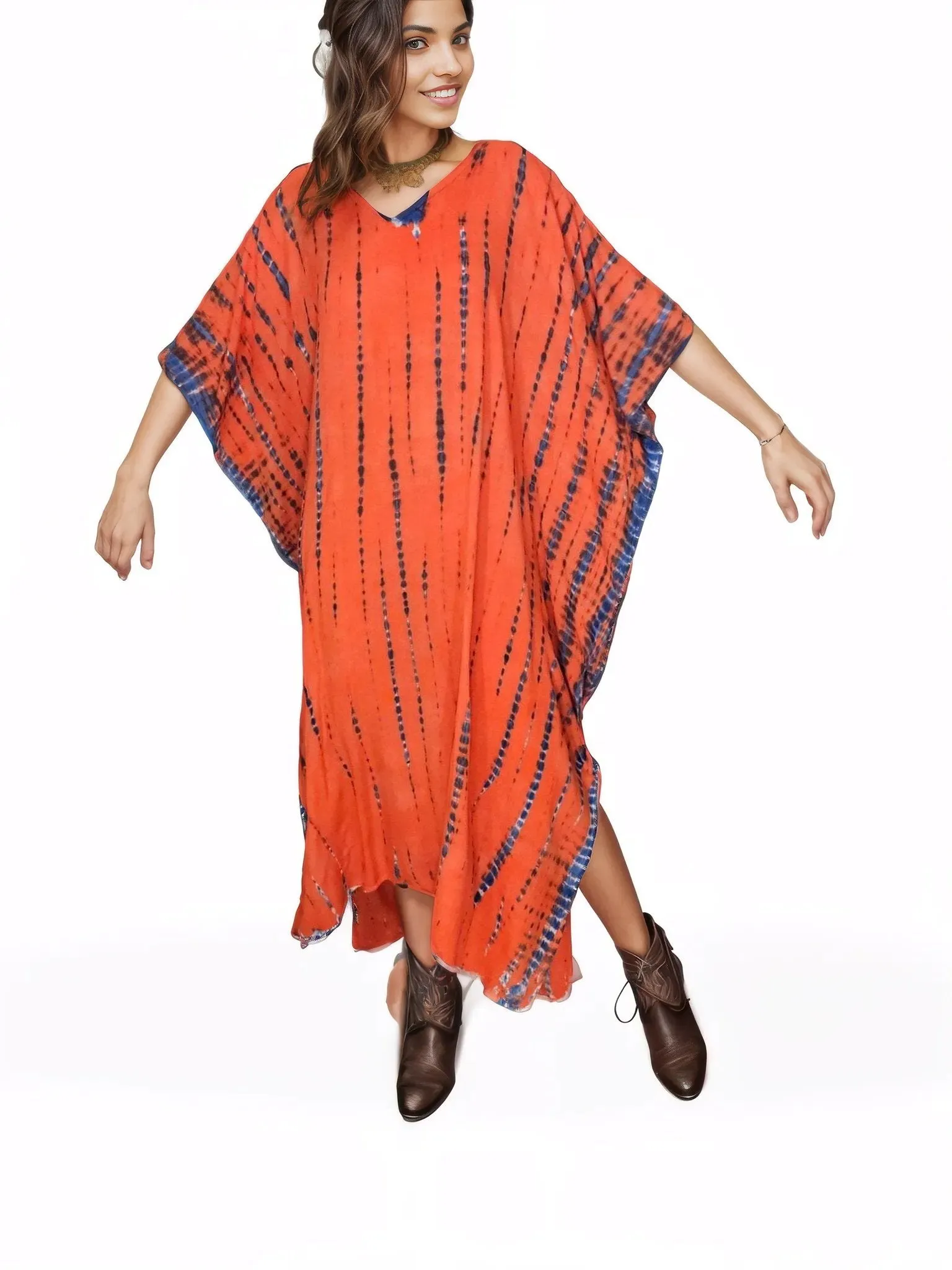 Orange/Purple Hand-Dyed Tie-Dye Maxi Kaftan Dress – Boho Chic, Flowy and Comfortable