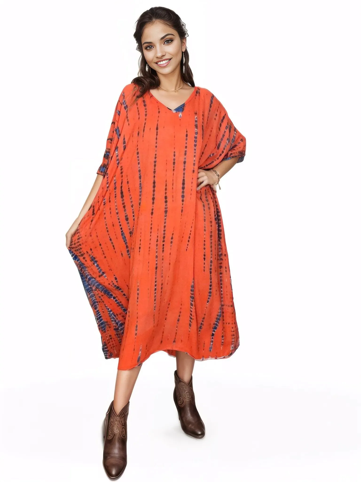 Orange/Purple Hand-Dyed Tie-Dye Maxi Kaftan Dress – Boho Chic, Flowy and Comfortable