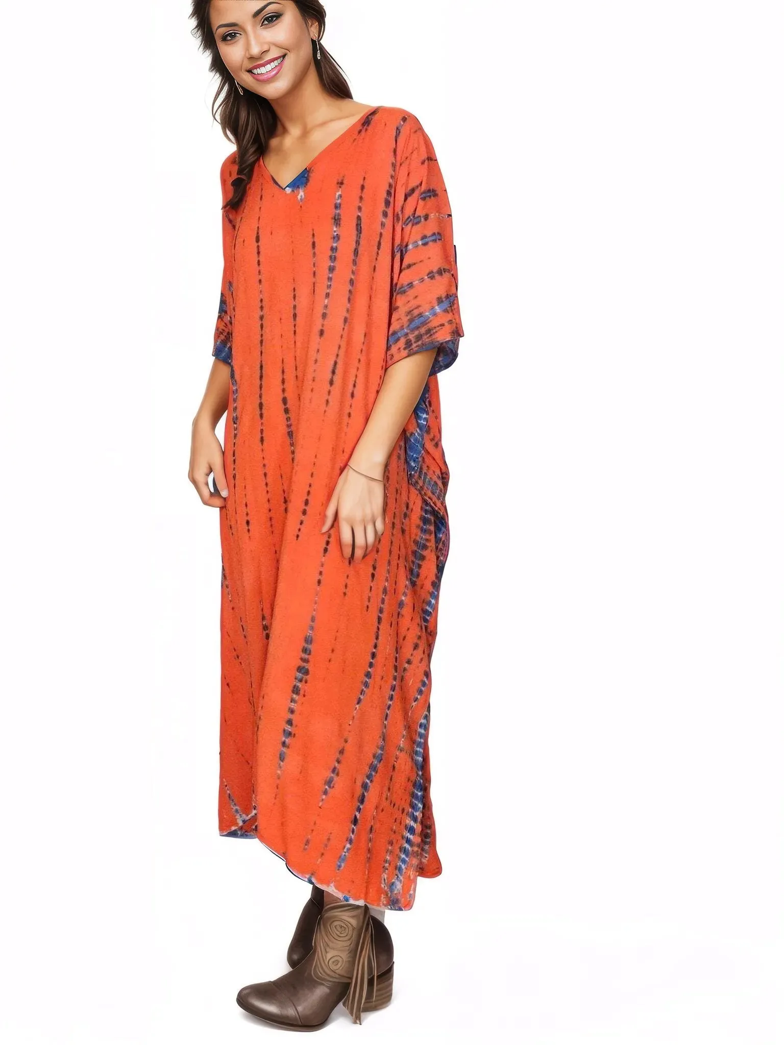 Orange/Purple Hand-Dyed Tie-Dye Maxi Kaftan Dress – Boho Chic, Flowy and Comfortable