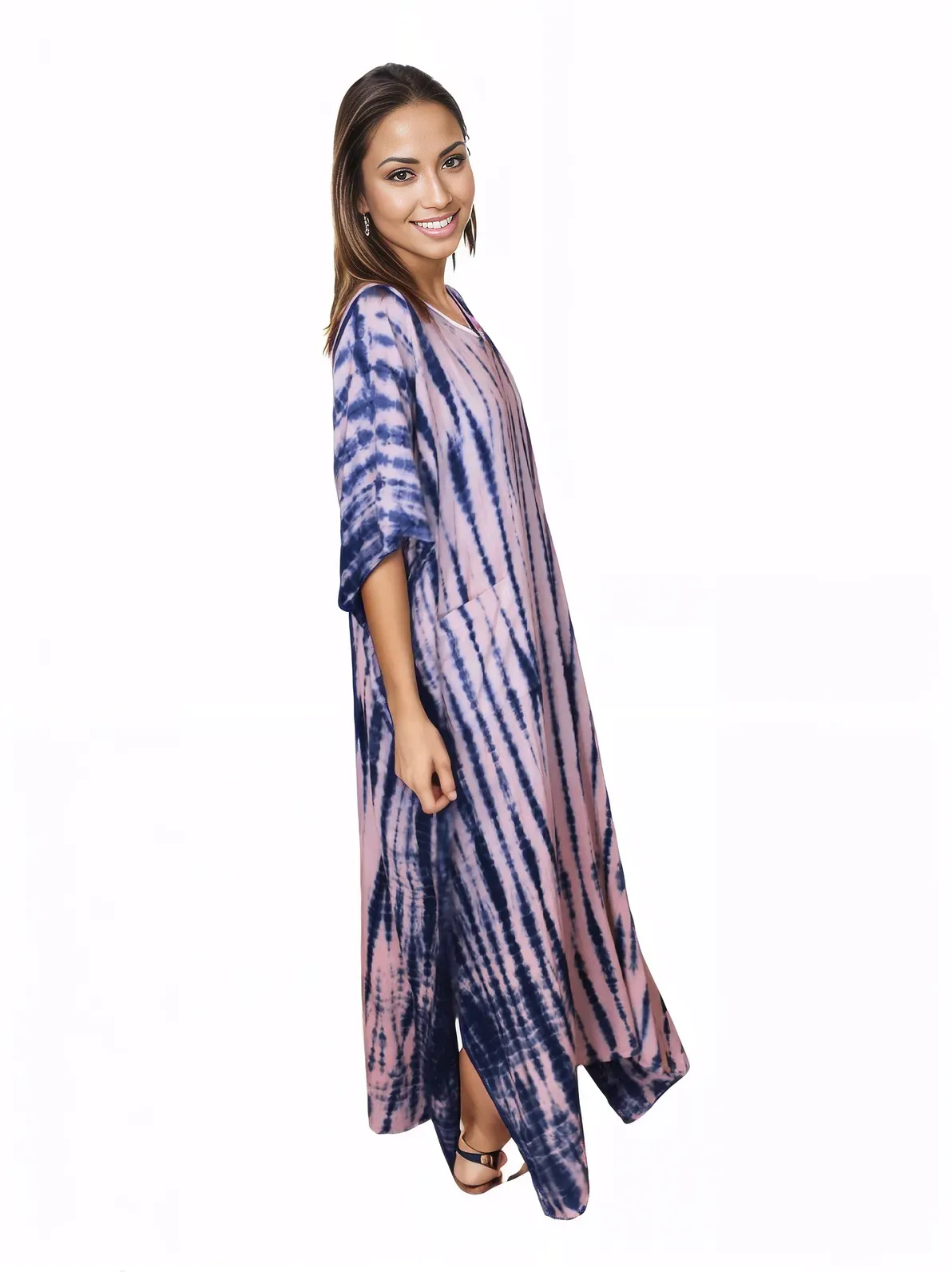 Pink/Navy blue Hand-Dyed Tie-Dye Maxi Kaftan Dress – Boho Chic, Flowy and Comfortable