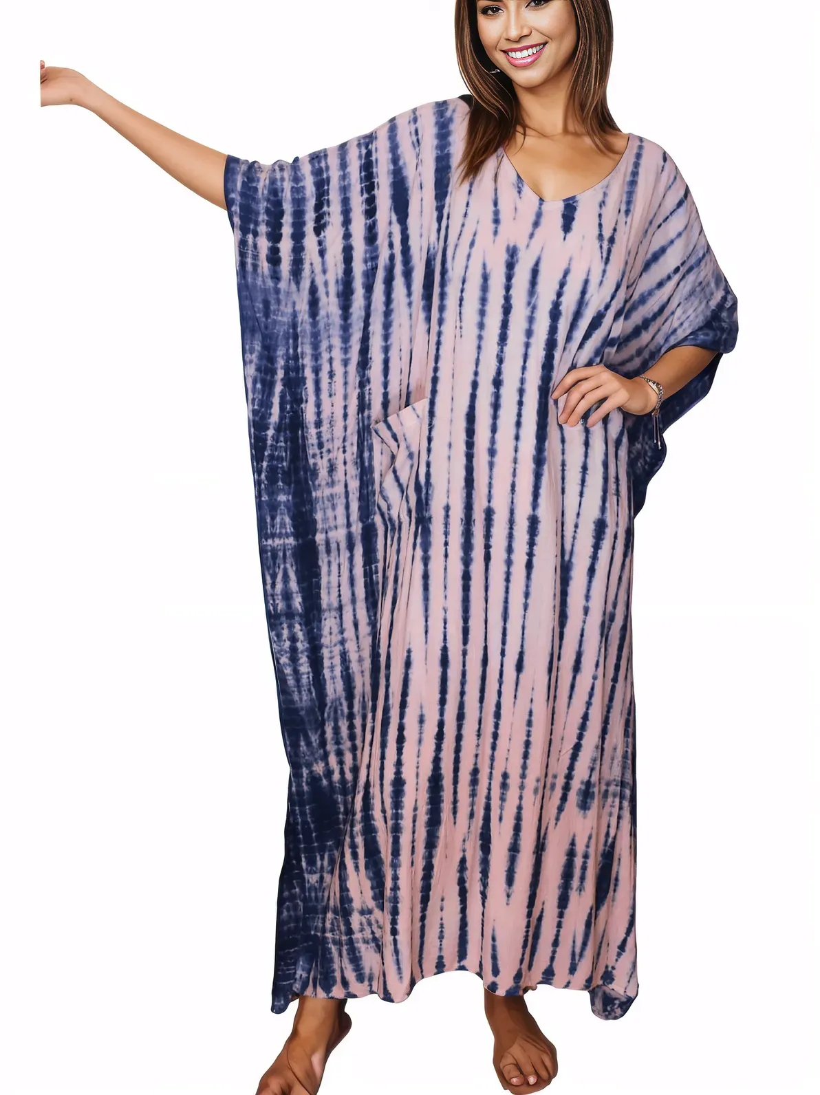 Pink/Navy blue Hand-Dyed Tie-Dye Maxi Kaftan Dress – Boho Chic, Flowy and Comfortable