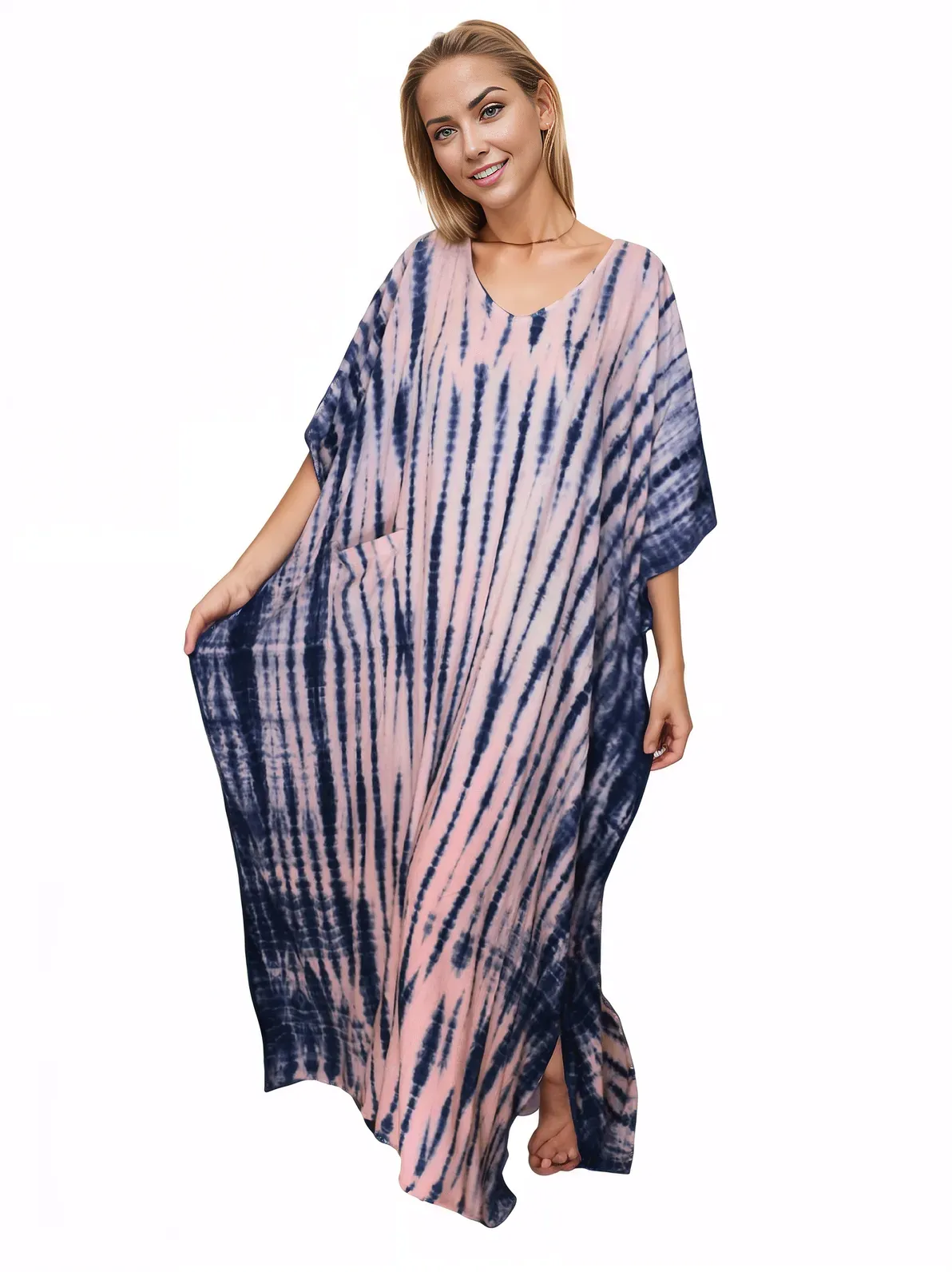 Pink/Navy blue Hand-Dyed Tie-Dye Maxi Kaftan Dress – Boho Chic, Flowy and Comfortable