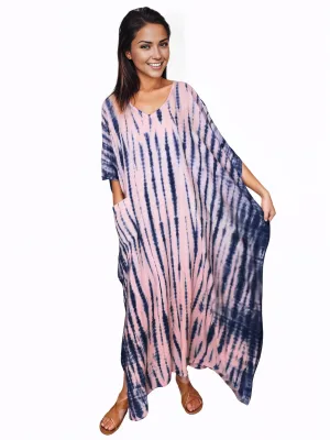 Pink/Navy blue Hand-Dyed Tie-Dye Maxi Kaftan Dress – Boho Chic, Flowy and Comfortable