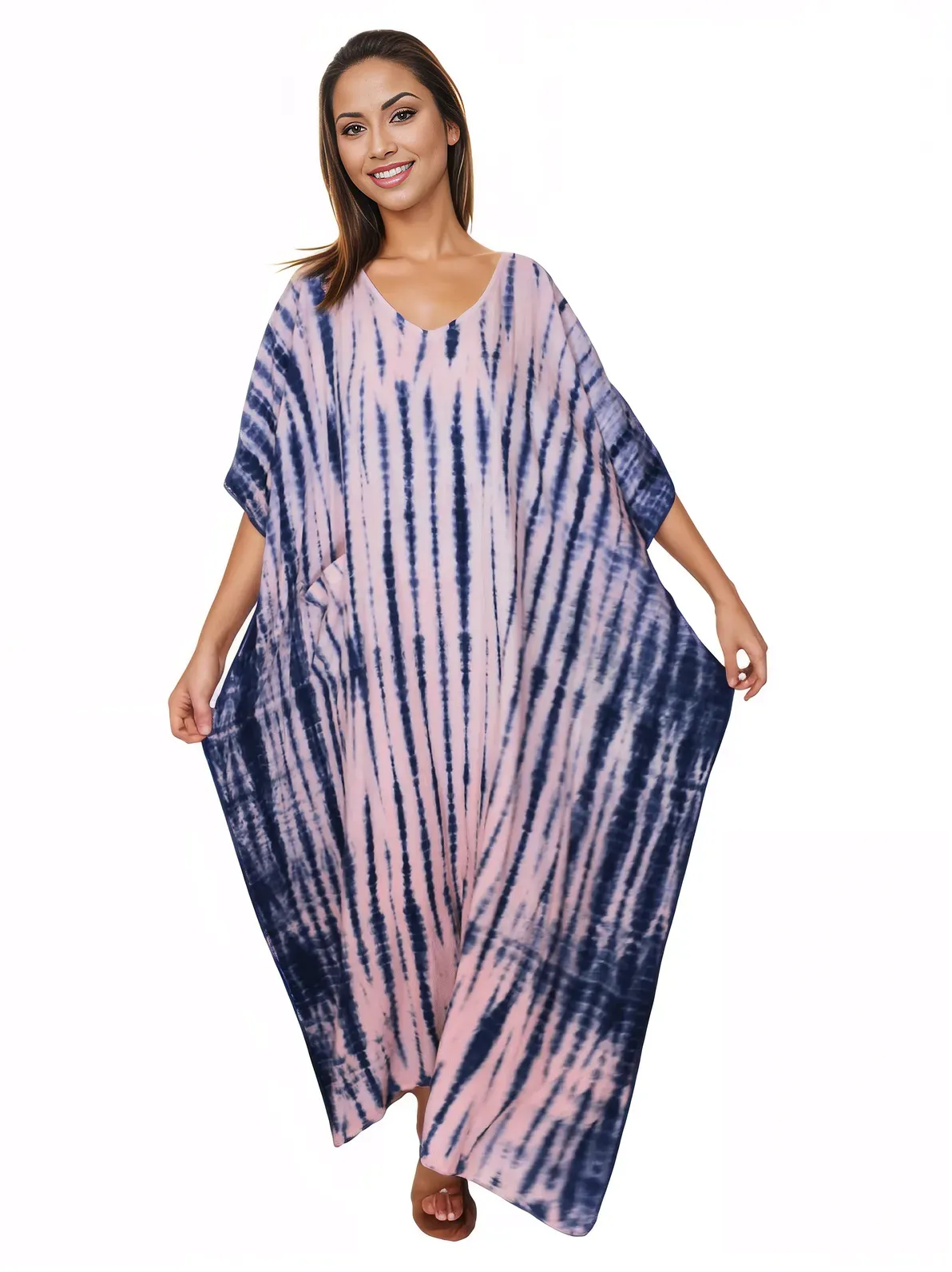 Pink/Navy blue Hand-Dyed Tie-Dye Maxi Kaftan Dress – Boho Chic, Flowy and Comfortable