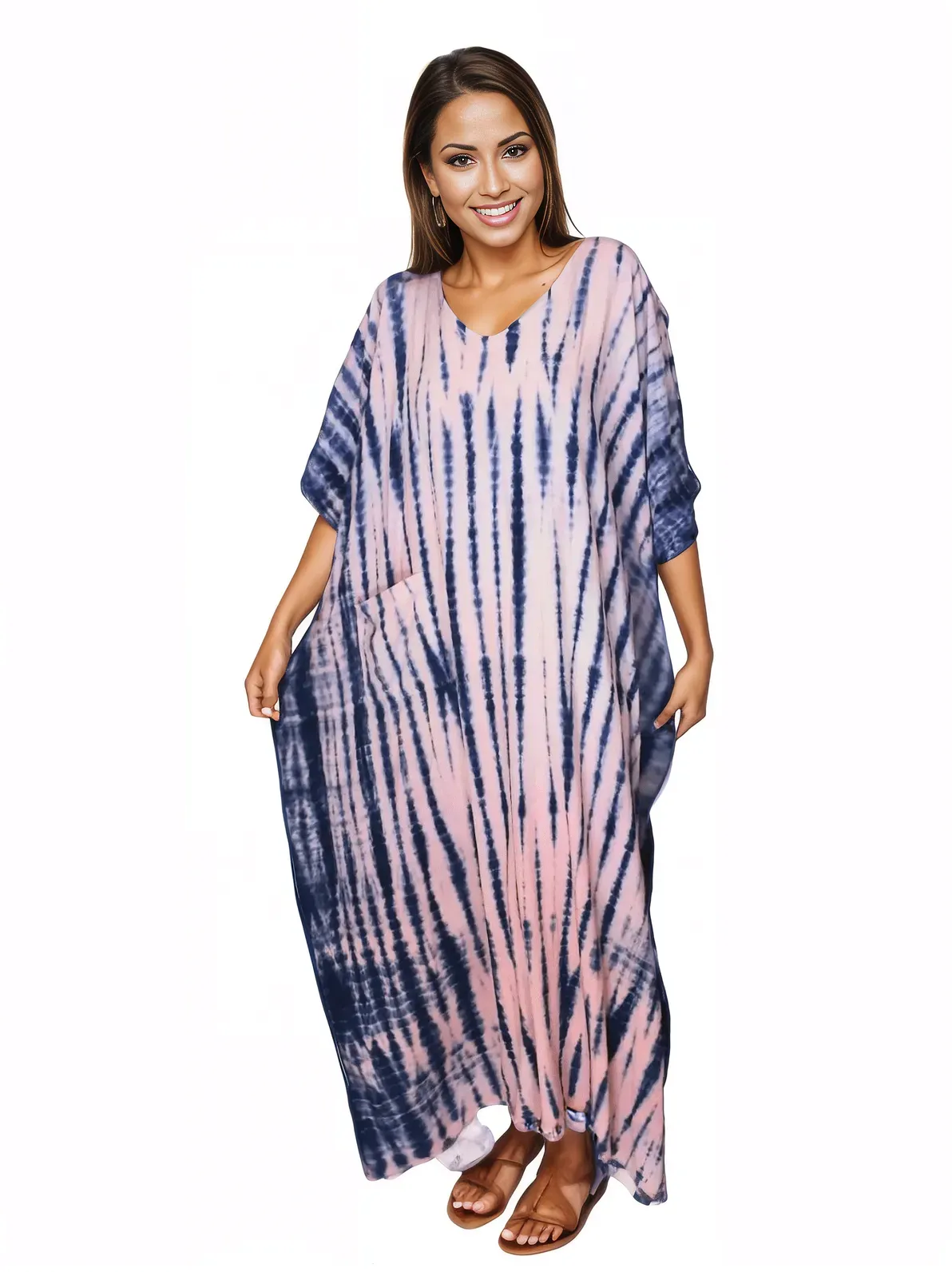 Pink/Navy blue Hand-Dyed Tie-Dye Maxi Kaftan Dress – Boho Chic, Flowy and Comfortable