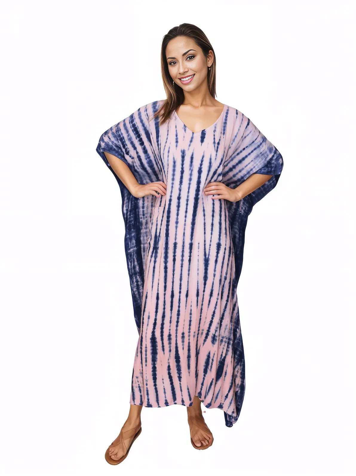 Pink/Navy blue Hand-Dyed Tie-Dye Maxi Kaftan Dress – Boho Chic, Flowy and Comfortable