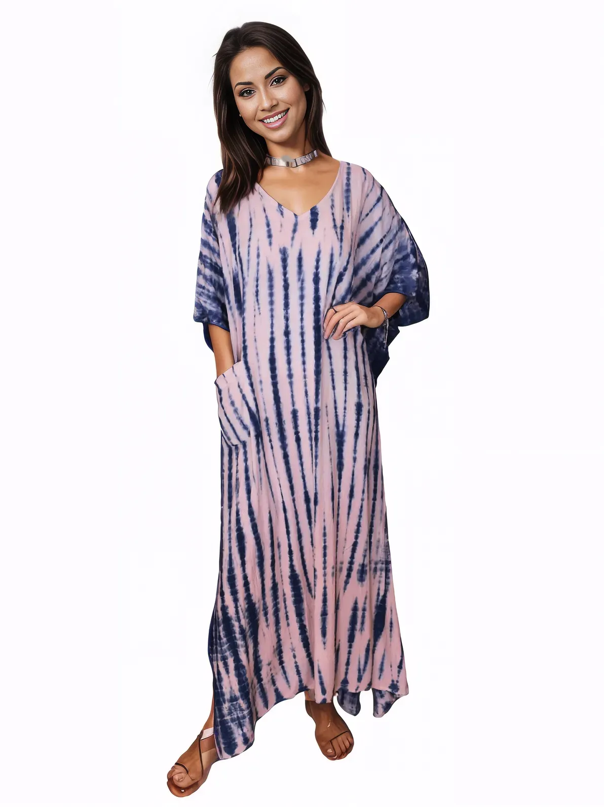 Pink/Navy blue Hand-Dyed Tie-Dye Maxi Kaftan Dress – Boho Chic, Flowy and Comfortable