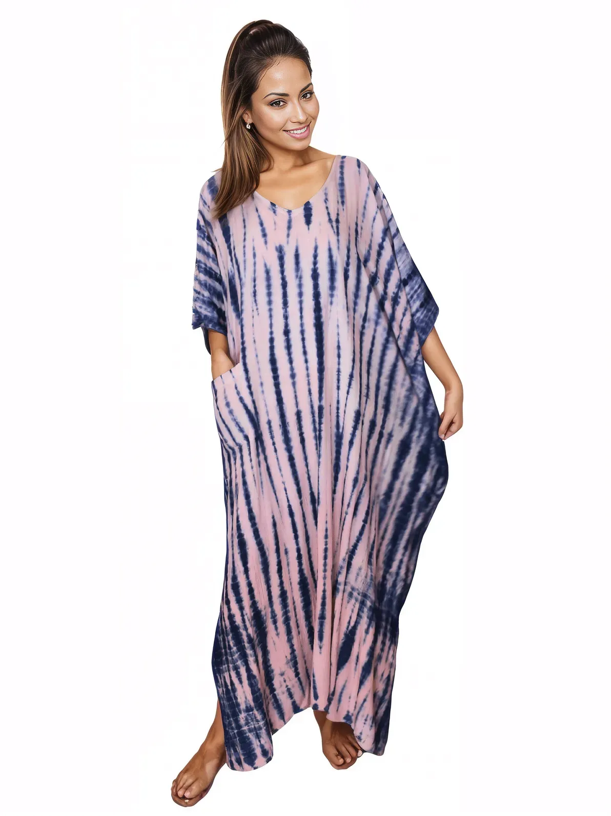 Pink/Navy blue Hand-Dyed Tie-Dye Maxi Kaftan Dress – Boho Chic, Flowy and Comfortable